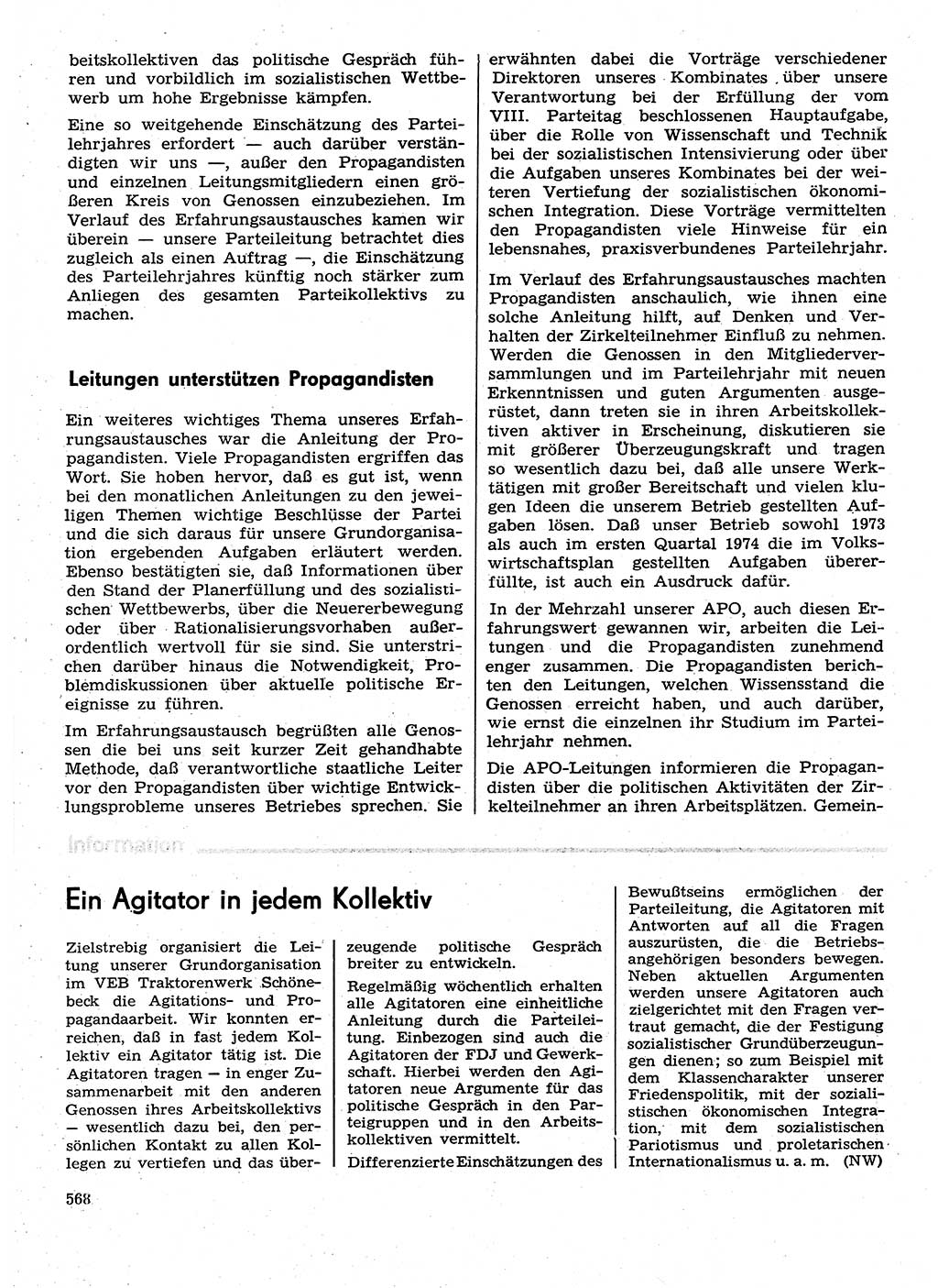 Neuer Weg (NW), Organ des Zentralkomitees (ZK) der SED (Sozialistische Einheitspartei Deutschlands) für Fragen des Parteilebens, 29. Jahrgang [Deutsche Demokratische Republik (DDR)] 1974, Seite 568 (NW ZK SED DDR 1974, S. 568)