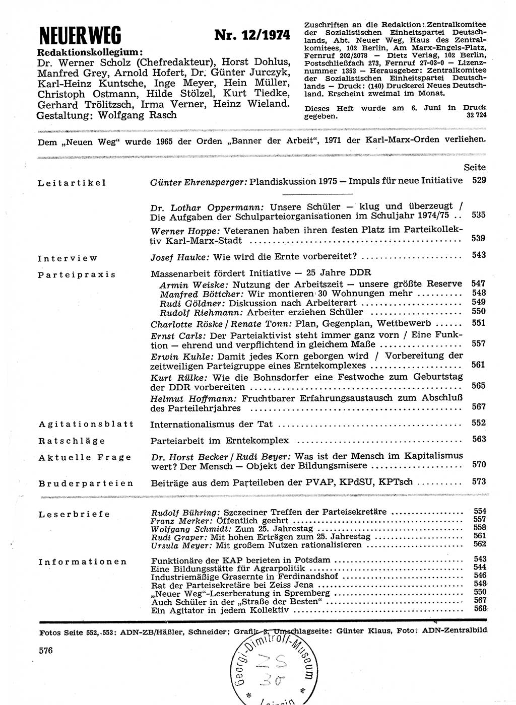 Neuer Weg (NW), Organ des Zentralkomitees (ZK) der SED (Sozialistische Einheitspartei Deutschlands) für Fragen des Parteilebens, 29. Jahrgang [Deutsche Demokratische Republik (DDR)] 1974, Seite 576 (NW ZK SED DDR 1974, S. 576)