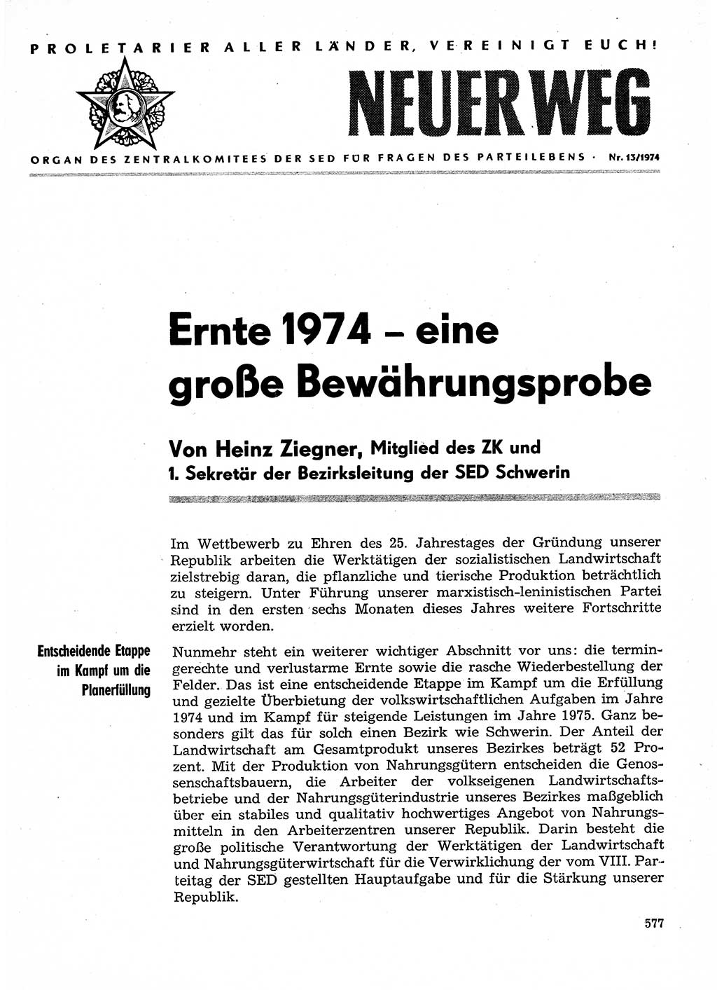 Neuer Weg (NW), Organ des Zentralkomitees (ZK) der SED (Sozialistische Einheitspartei Deutschlands) für Fragen des Parteilebens, 29. Jahrgang [Deutsche Demokratische Republik (DDR)] 1974, Seite 577 (NW ZK SED DDR 1974, S. 577)
