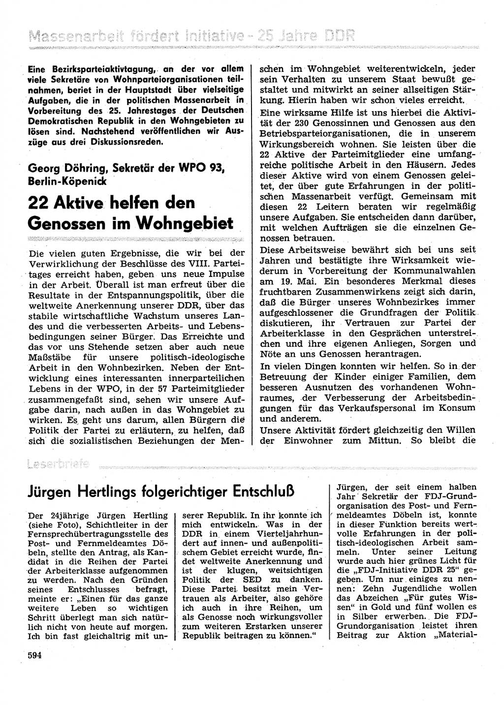Neuer Weg (NW), Organ des Zentralkomitees (ZK) der SED (Sozialistische Einheitspartei Deutschlands) für Fragen des Parteilebens, 29. Jahrgang [Deutsche Demokratische Republik (DDR)] 1974, Seite 594 (NW ZK SED DDR 1974, S. 594)
