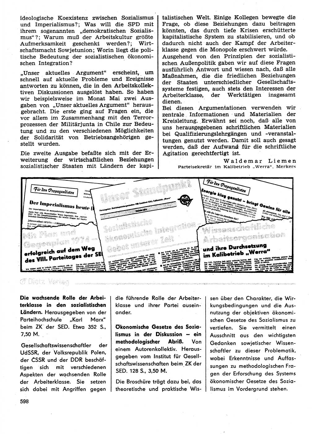 Neuer Weg (NW), Organ des Zentralkomitees (ZK) der SED (Sozialistische Einheitspartei Deutschlands) für Fragen des Parteilebens, 29. Jahrgang [Deutsche Demokratische Republik (DDR)] 1974, Seite 598 (NW ZK SED DDR 1974, S. 598)
