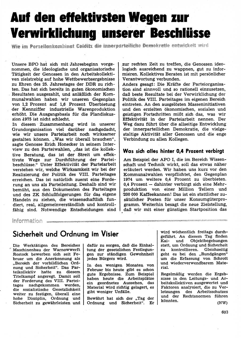 Neuer Weg (NW), Organ des Zentralkomitees (ZK) der SED (Sozialistische Einheitspartei Deutschlands) für Fragen des Parteilebens, 29. Jahrgang [Deutsche Demokratische Republik (DDR)] 1974, Seite 603 (NW ZK SED DDR 1974, S. 603)