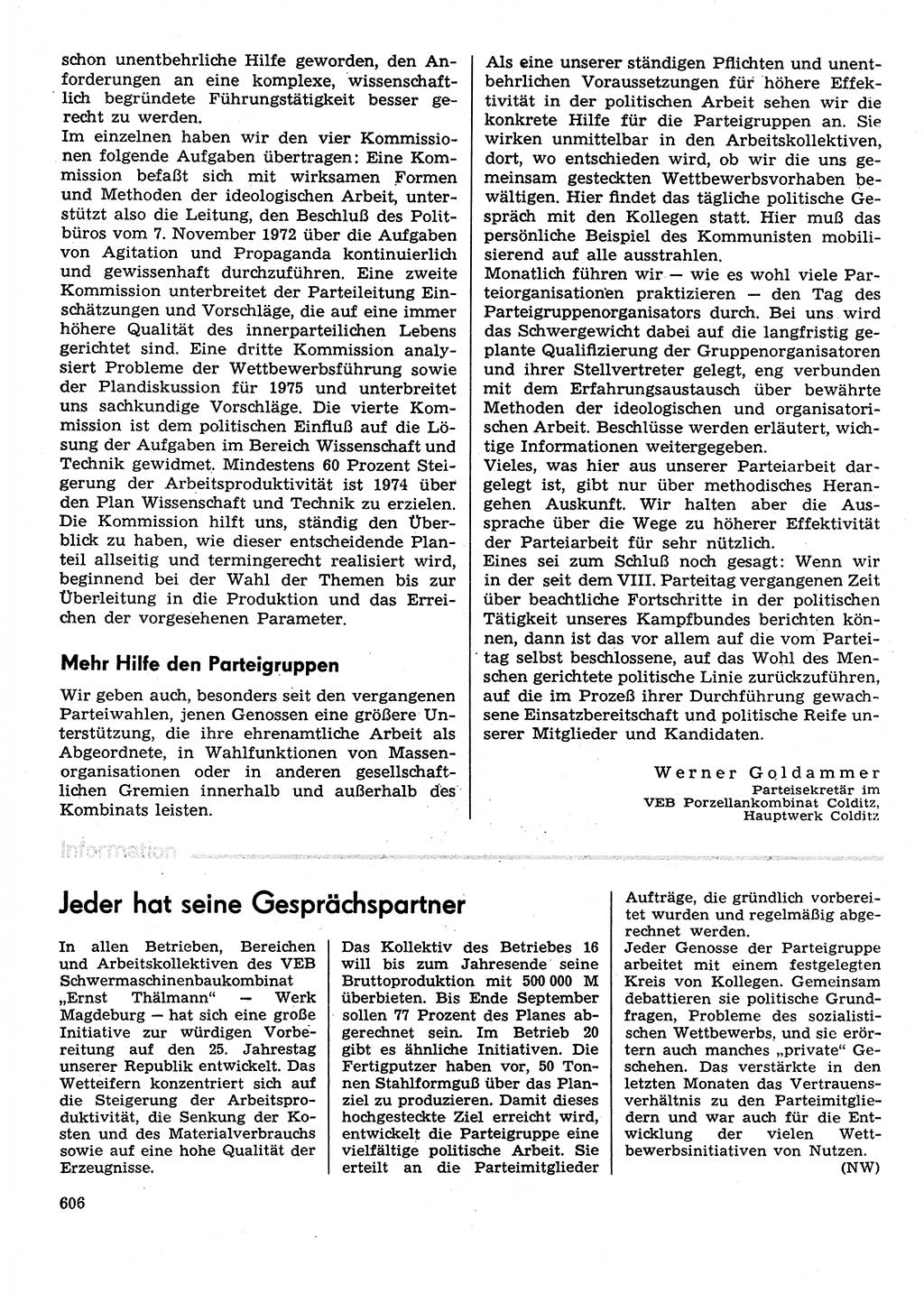 Neuer Weg (NW), Organ des Zentralkomitees (ZK) der SED (Sozialistische Einheitspartei Deutschlands) für Fragen des Parteilebens, 29. Jahrgang [Deutsche Demokratische Republik (DDR)] 1974, Seite 606 (NW ZK SED DDR 1974, S. 606)