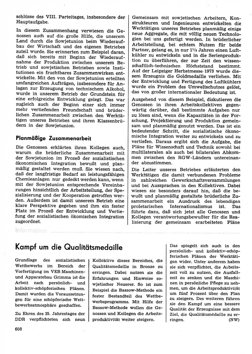 Neuer Weg (NW), Organ des Zentralkomitees (ZK) der SED (Sozialistische Einheitspartei Deutschlands) für Fragen des Parteilebens, 29. Jahrgang [Deutsche Demokratische Republik (DDR)] 1974, Seite 608 (NW ZK SED DDR 1974, S. 608)