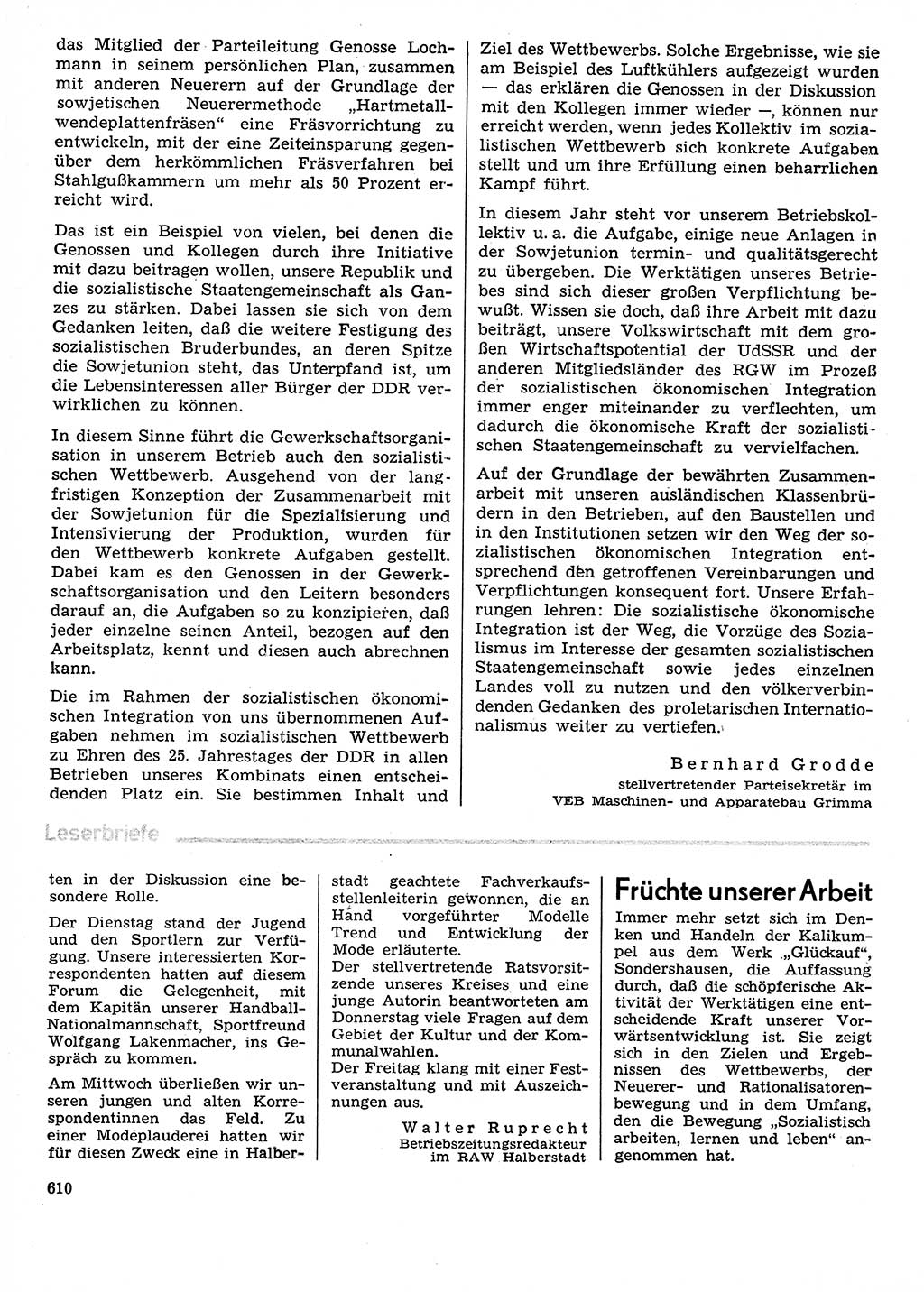 Neuer Weg (NW), Organ des Zentralkomitees (ZK) der SED (Sozialistische Einheitspartei Deutschlands) für Fragen des Parteilebens, 29. Jahrgang [Deutsche Demokratische Republik (DDR)] 1974, Seite 610 (NW ZK SED DDR 1974, S. 610)