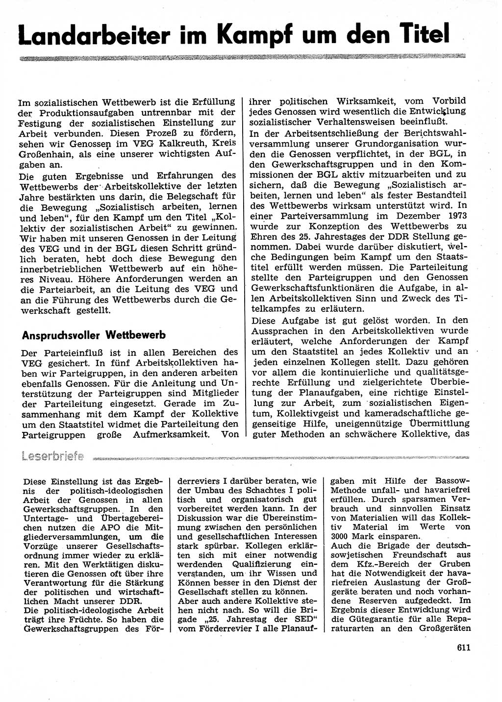 Neuer Weg (NW), Organ des Zentralkomitees (ZK) der SED (Sozialistische Einheitspartei Deutschlands) für Fragen des Parteilebens, 29. Jahrgang [Deutsche Demokratische Republik (DDR)] 1974, Seite 611 (NW ZK SED DDR 1974, S. 611)