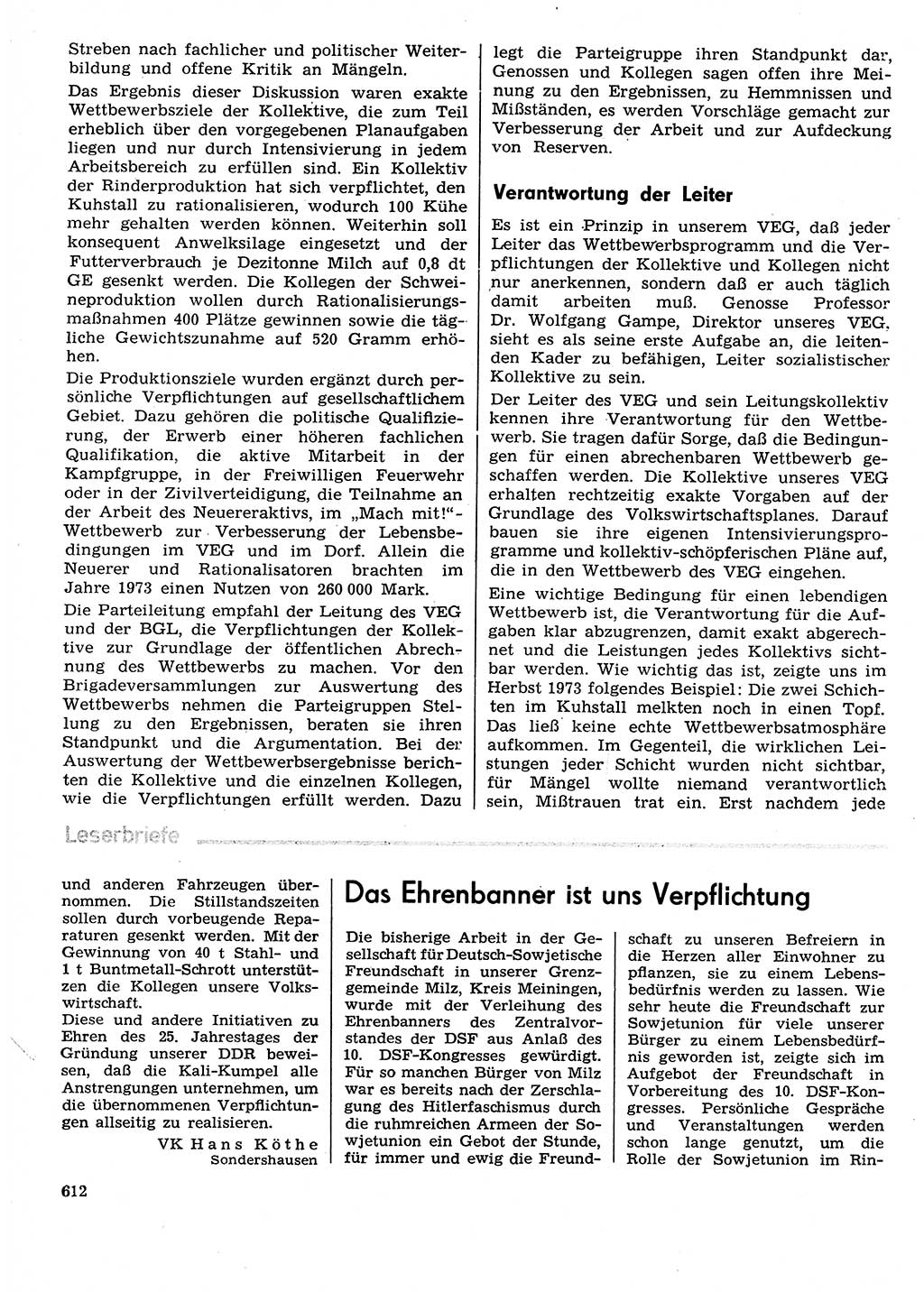 Neuer Weg (NW), Organ des Zentralkomitees (ZK) der SED (Sozialistische Einheitspartei Deutschlands) für Fragen des Parteilebens, 29. Jahrgang [Deutsche Demokratische Republik (DDR)] 1974, Seite 612 (NW ZK SED DDR 1974, S. 612)