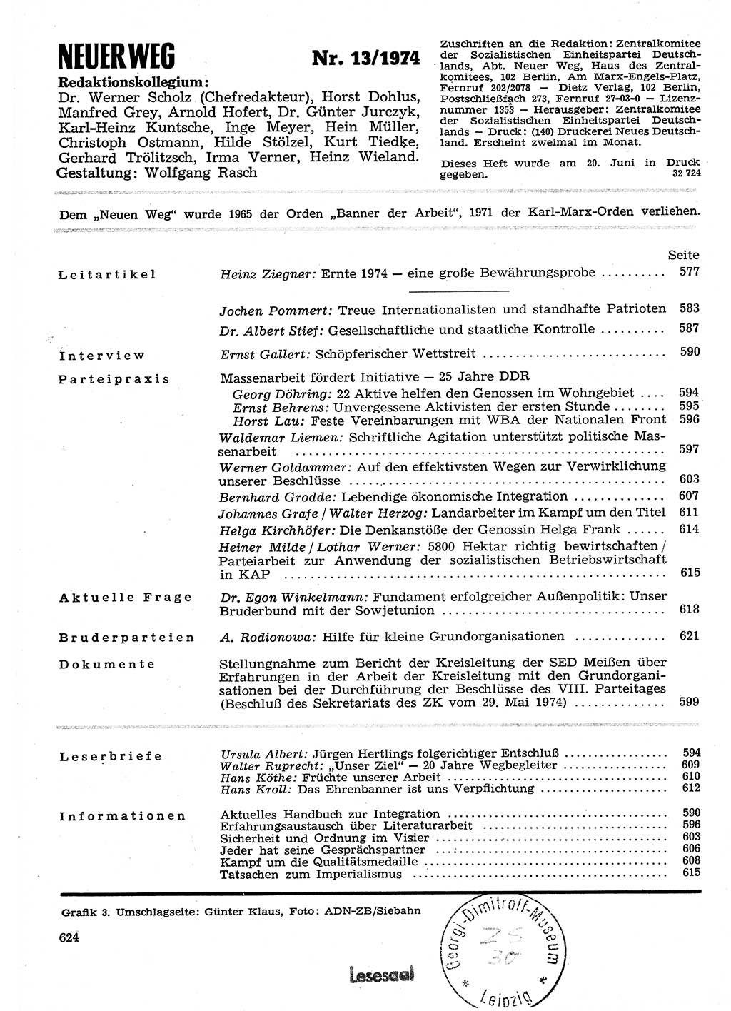 Neuer Weg (NW), Organ des Zentralkomitees (ZK) der SED (Sozialistische Einheitspartei Deutschlands) für Fragen des Parteilebens, 29. Jahrgang [Deutsche Demokratische Republik (DDR)] 1974, Seite 624 (NW ZK SED DDR 1974, S. 624)