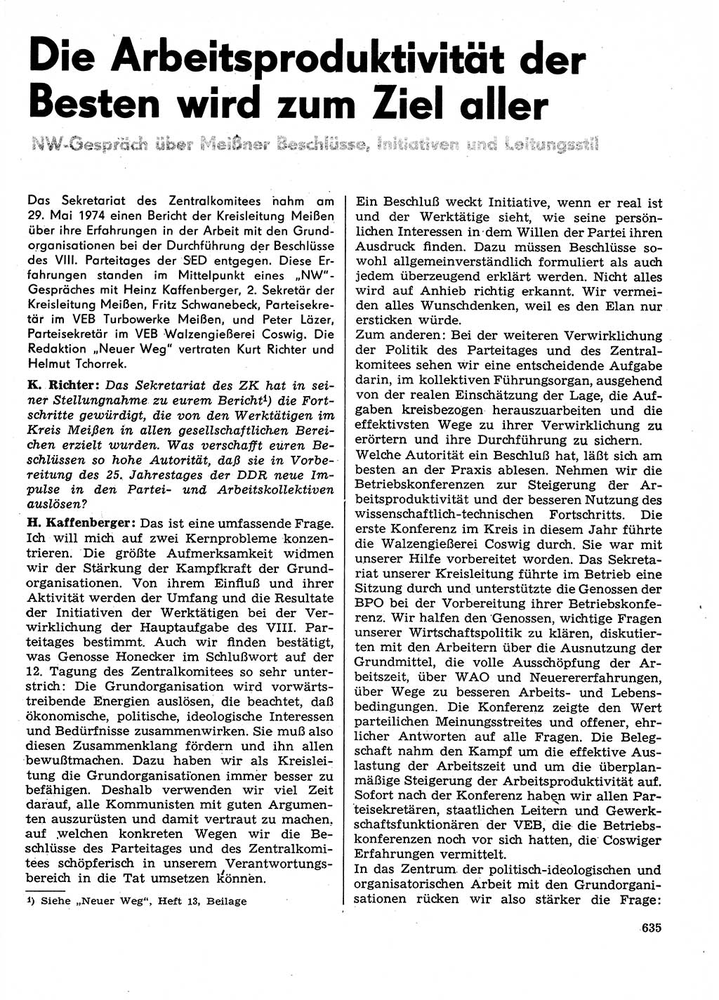 Neuer Weg (NW), Organ des Zentralkomitees (ZK) der SED (Sozialistische Einheitspartei Deutschlands) für Fragen des Parteilebens, 29. Jahrgang [Deutsche Demokratische Republik (DDR)] 1974, Seite 635 (NW ZK SED DDR 1974, S. 635)