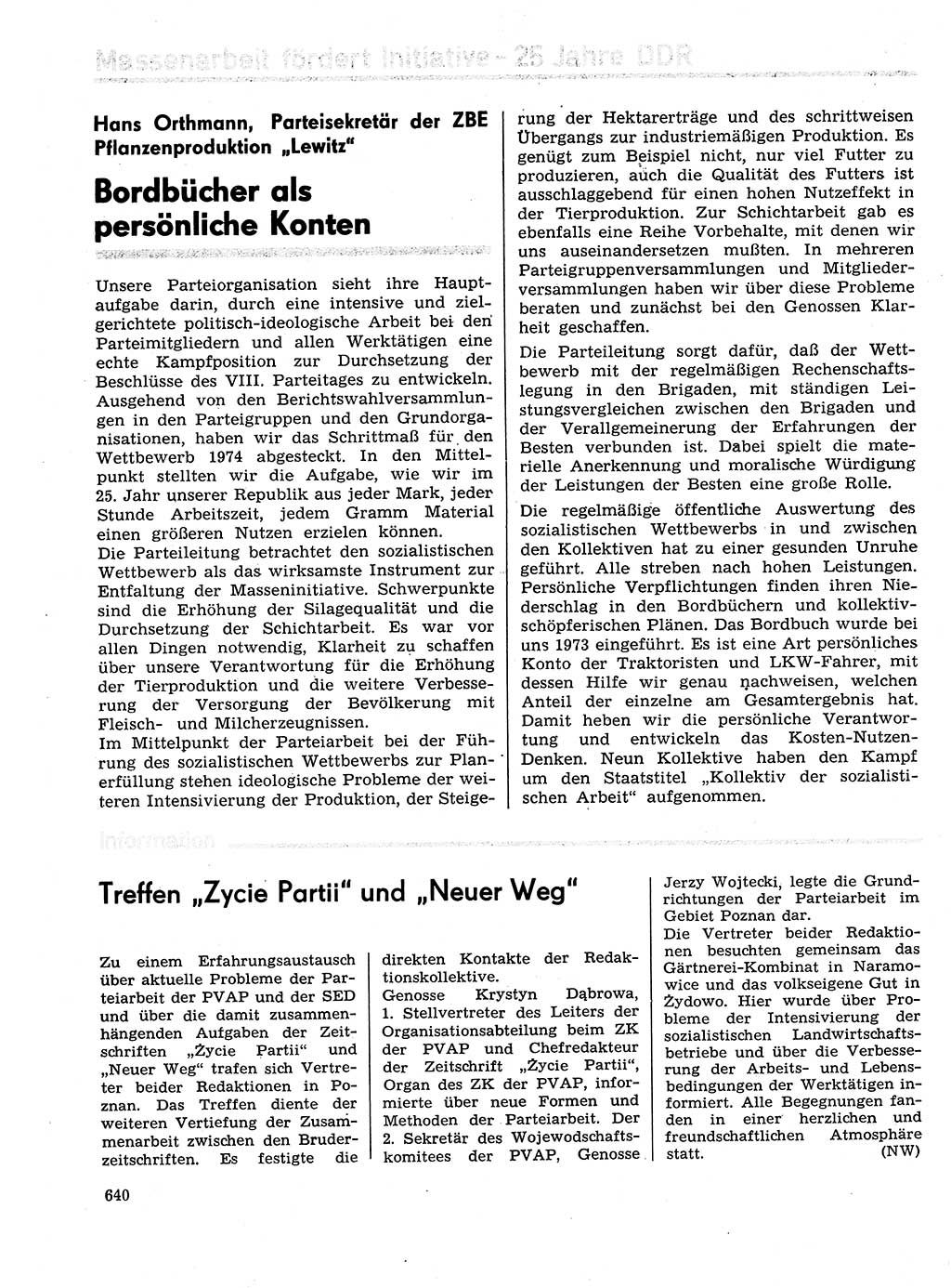 Neuer Weg (NW), Organ des Zentralkomitees (ZK) der SED (Sozialistische Einheitspartei Deutschlands) für Fragen des Parteilebens, 29. Jahrgang [Deutsche Demokratische Republik (DDR)] 1974, Seite 640 (NW ZK SED DDR 1974, S. 640)
