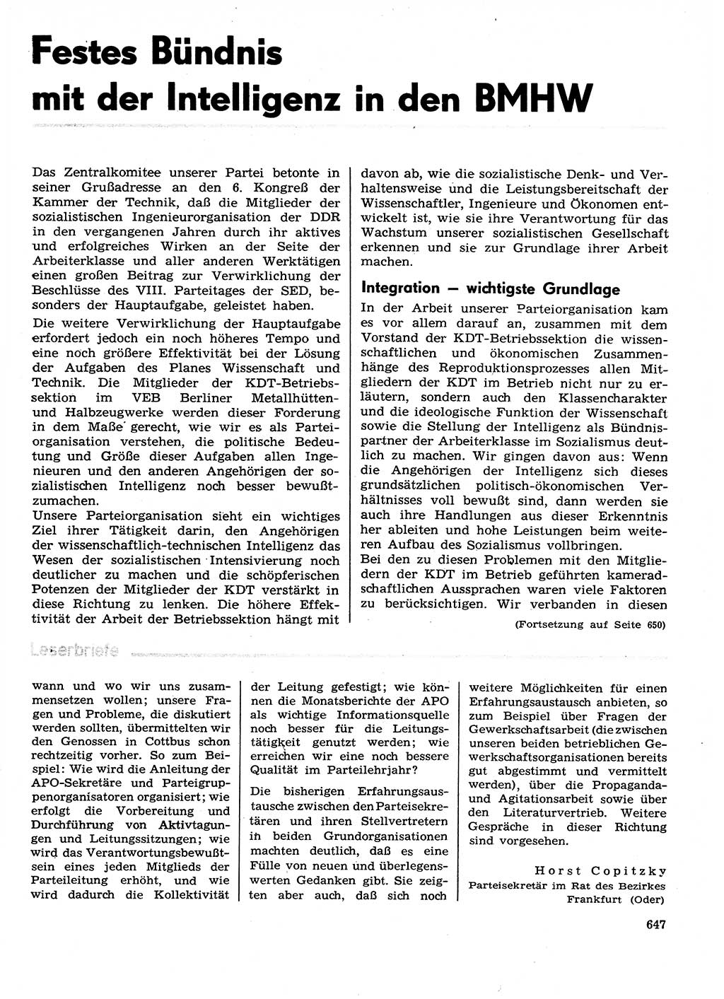 Neuer Weg (NW), Organ des Zentralkomitees (ZK) der SED (Sozialistische Einheitspartei Deutschlands) für Fragen des Parteilebens, 29. Jahrgang [Deutsche Demokratische Republik (DDR)] 1974, Seite 647 (NW ZK SED DDR 1974, S. 647)