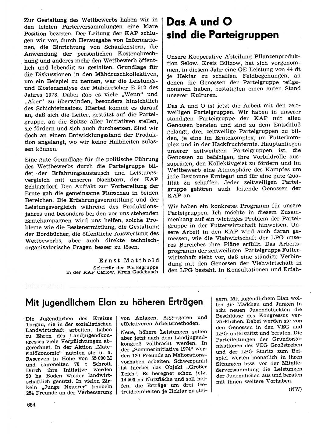 Neuer Weg (NW), Organ des Zentralkomitees (ZK) der SED (Sozialistische Einheitspartei Deutschlands) für Fragen des Parteilebens, 29. Jahrgang [Deutsche Demokratische Republik (DDR)] 1974, Seite 654 (NW ZK SED DDR 1974, S. 654)