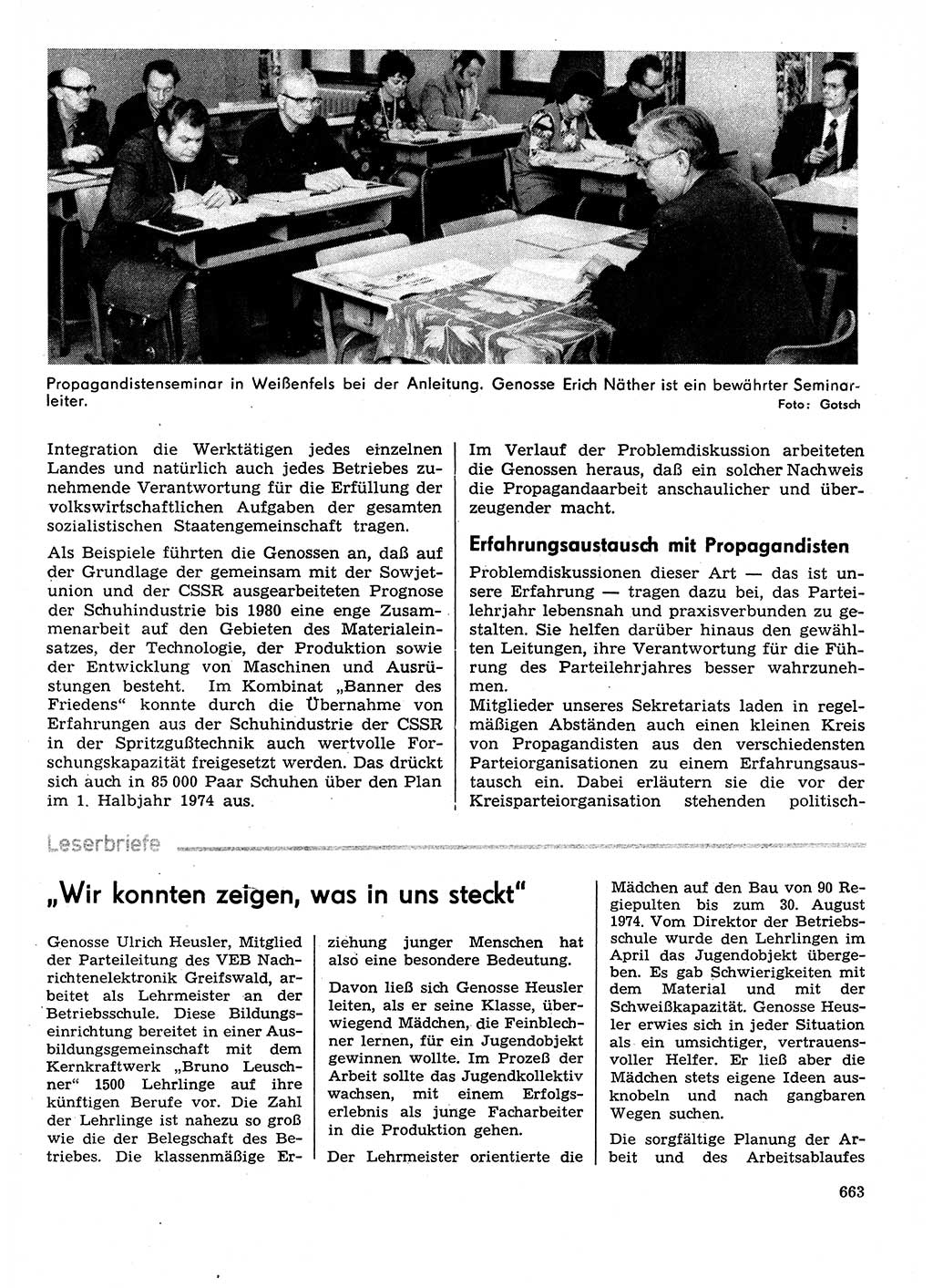 Neuer Weg (NW), Organ des Zentralkomitees (ZK) der SED (Sozialistische Einheitspartei Deutschlands) für Fragen des Parteilebens, 29. Jahrgang [Deutsche Demokratische Republik (DDR)] 1974, Seite 663 (NW ZK SED DDR 1974, S. 663)