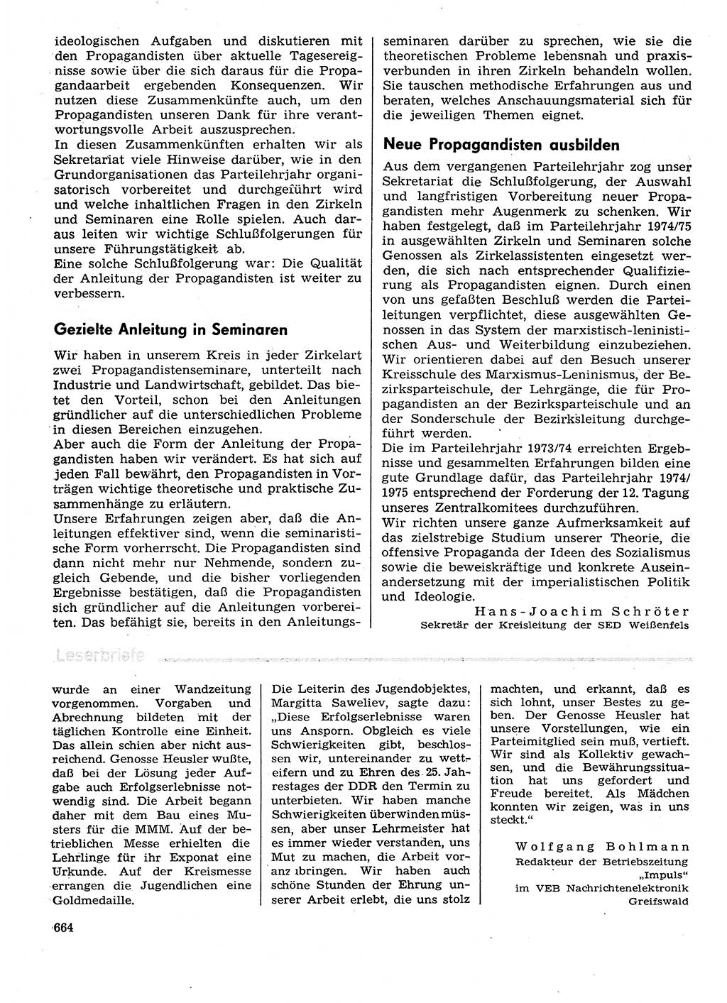 Neuer Weg (NW), Organ des Zentralkomitees (ZK) der SED (Sozialistische Einheitspartei Deutschlands) für Fragen des Parteilebens, 29. Jahrgang [Deutsche Demokratische Republik (DDR)] 1974, Seite 664 (NW ZK SED DDR 1974, S. 664)