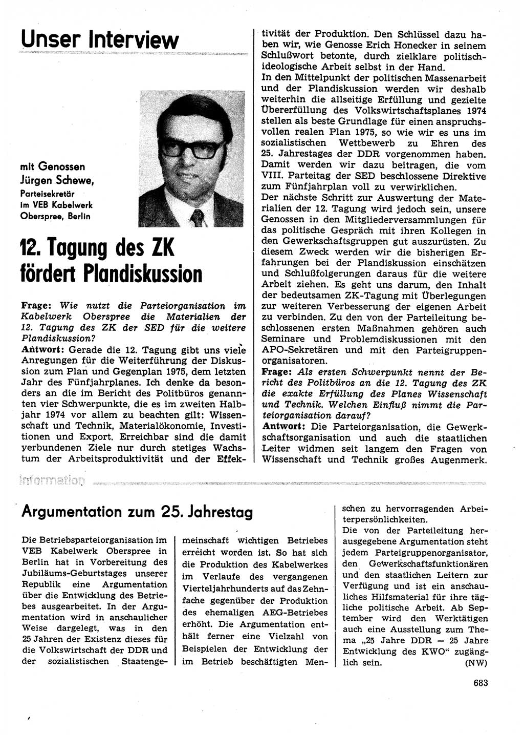 Neuer Weg (NW), Organ des Zentralkomitees (ZK) der SED (Sozialistische Einheitspartei Deutschlands) für Fragen des Parteilebens, 29. Jahrgang [Deutsche Demokratische Republik (DDR)] 1974, Seite 683 (NW ZK SED DDR 1974, S. 683)