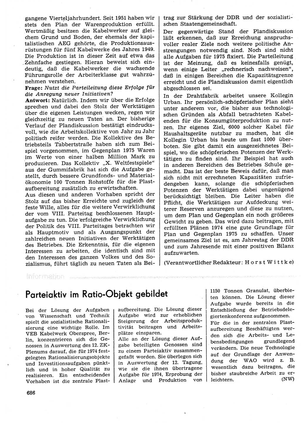 Neuer Weg (NW), Organ des Zentralkomitees (ZK) der SED (Sozialistische Einheitspartei Deutschlands) für Fragen des Parteilebens, 29. Jahrgang [Deutsche Demokratische Republik (DDR)] 1974, Seite 686 (NW ZK SED DDR 1974, S. 686)