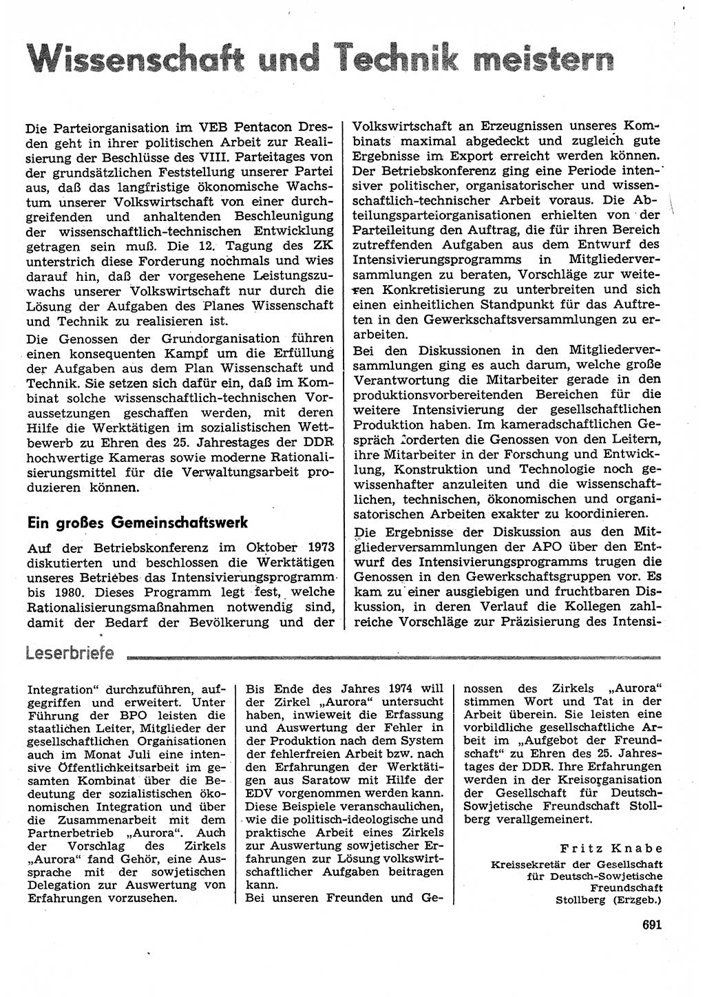 Neuer Weg (NW), Organ des Zentralkomitees (ZK) der SED (Sozialistische Einheitspartei Deutschlands) für Fragen des Parteilebens, 29. Jahrgang [Deutsche Demokratische Republik (DDR)] 1974, Seite 691 (NW ZK SED DDR 1974, S. 691)