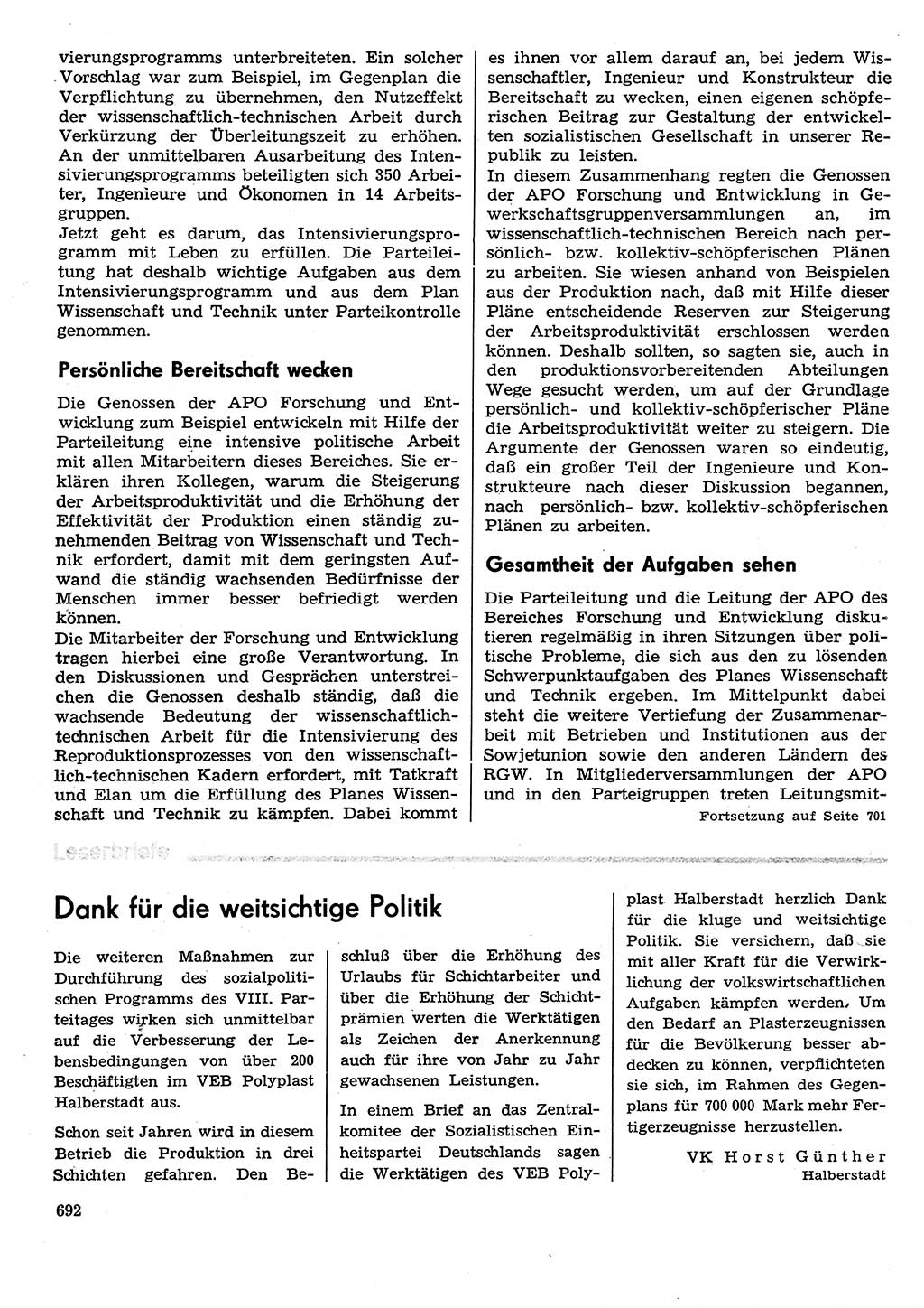 Neuer Weg (NW), Organ des Zentralkomitees (ZK) der SED (Sozialistische Einheitspartei Deutschlands) für Fragen des Parteilebens, 29. Jahrgang [Deutsche Demokratische Republik (DDR)] 1974, Seite 692 (NW ZK SED DDR 1974, S. 692)