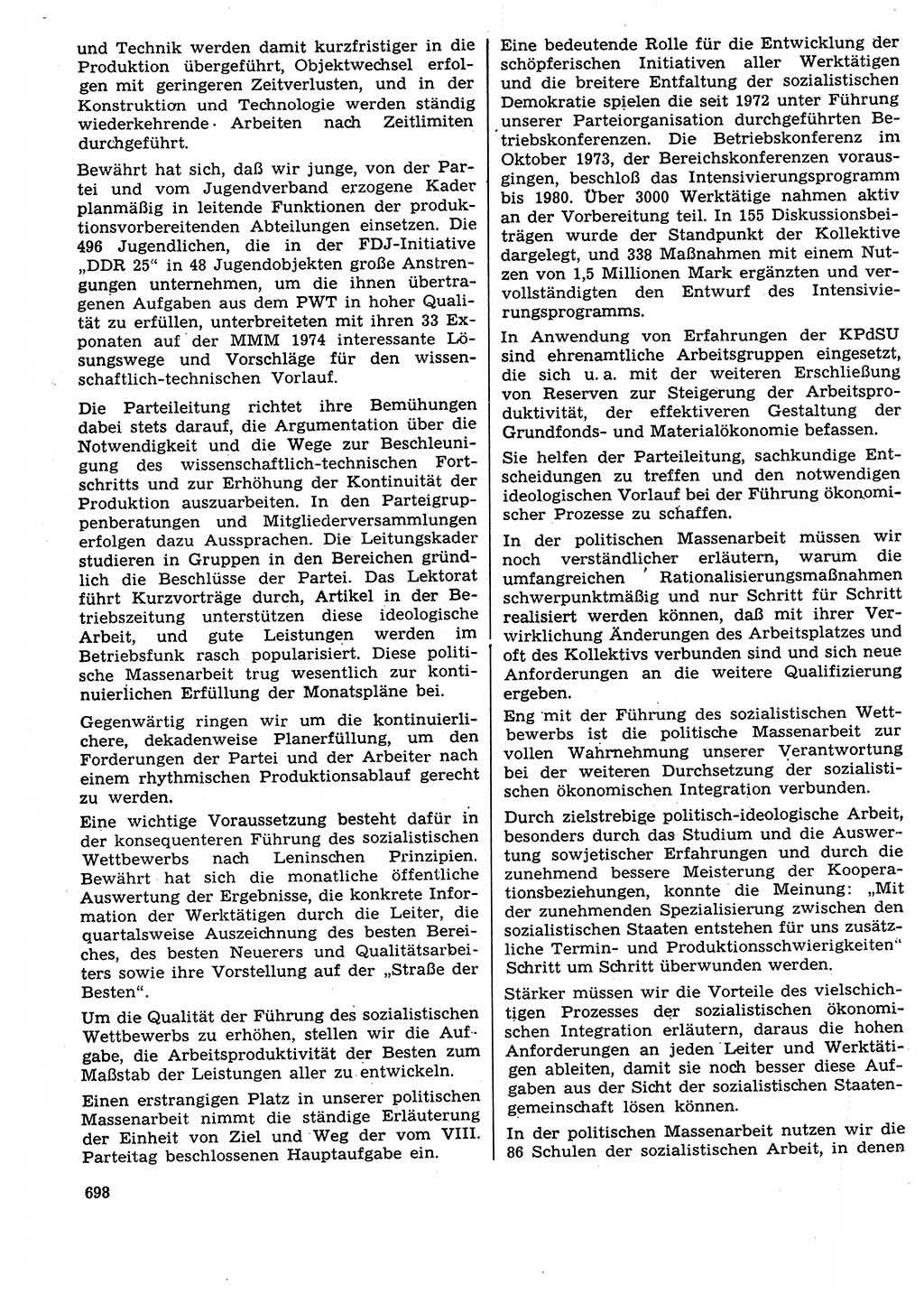 Neuer Weg (NW), Organ des Zentralkomitees (ZK) der SED (Sozialistische Einheitspartei Deutschlands) für Fragen des Parteilebens, 29. Jahrgang [Deutsche Demokratische Republik (DDR)] 1974, Seite 698 (NW ZK SED DDR 1974, S. 698)