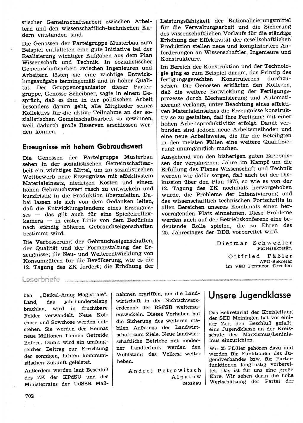 Neuer Weg (NW), Organ des Zentralkomitees (ZK) der SED (Sozialistische Einheitspartei Deutschlands) für Fragen des Parteilebens, 29. Jahrgang [Deutsche Demokratische Republik (DDR)] 1974, Seite 702 (NW ZK SED DDR 1974, S. 702)