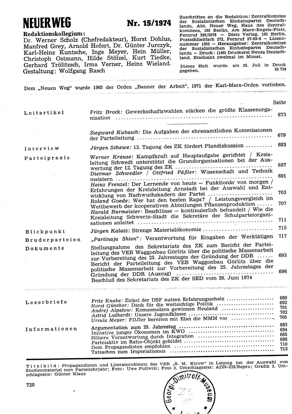 Neuer Weg (NW), Organ des Zentralkomitees (ZK) der SED (Sozialistische Einheitspartei Deutschlands) für Fragen des Parteilebens, 29. Jahrgang [Deutsche Demokratische Republik (DDR)] 1974, Seite 720 (NW ZK SED DDR 1974, S. 720)