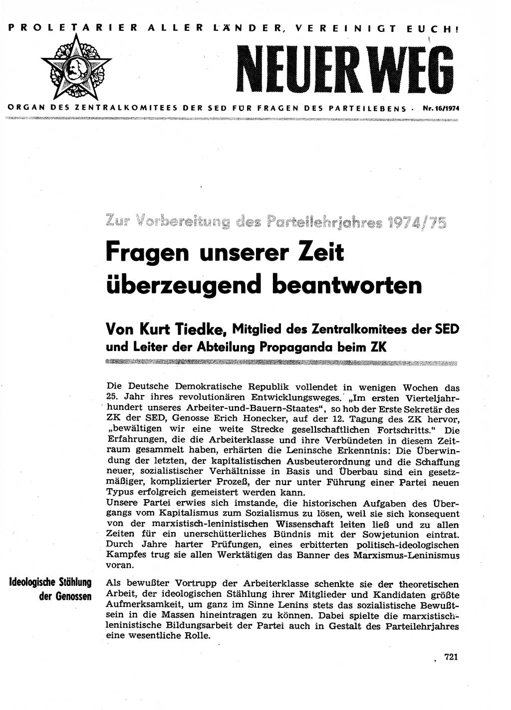 Neuer Weg (NW), Organ des Zentralkomitees (ZK) der SED (Sozialistische Einheitspartei Deutschlands) für Fragen des Parteilebens, 29. Jahrgang [Deutsche Demokratische Republik (DDR)] 1974, Seite 721 (NW ZK SED DDR 1974, S. 721)