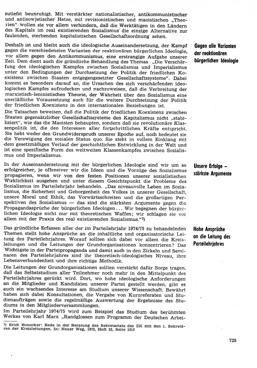 Neuer Weg (NW), Organ des Zentralkomitees (ZK) der SED (Sozialistische Einheitspartei Deutschlands) für Fragen des Parteilebens, 29. Jahrgang [Deutsche Demokratische Republik (DDR)] 1974, Seite 725 (NW ZK SED DDR 1974, S. 725)