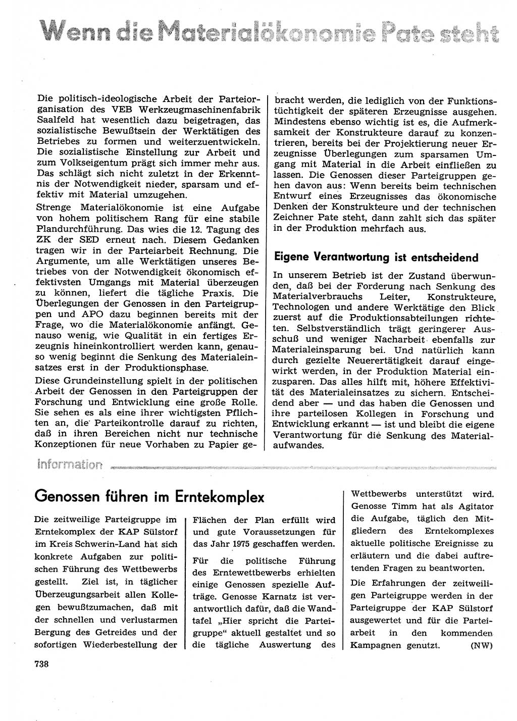 Neuer Weg (NW), Organ des Zentralkomitees (ZK) der SED (Sozialistische Einheitspartei Deutschlands) für Fragen des Parteilebens, 29. Jahrgang [Deutsche Demokratische Republik (DDR)] 1974, Seite 738 (NW ZK SED DDR 1974, S. 738)