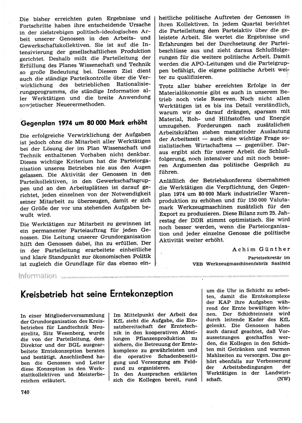 Neuer Weg (NW), Organ des Zentralkomitees (ZK) der SED (Sozialistische Einheitspartei Deutschlands) für Fragen des Parteilebens, 29. Jahrgang [Deutsche Demokratische Republik (DDR)] 1974, Seite 740 (NW ZK SED DDR 1974, S. 740)