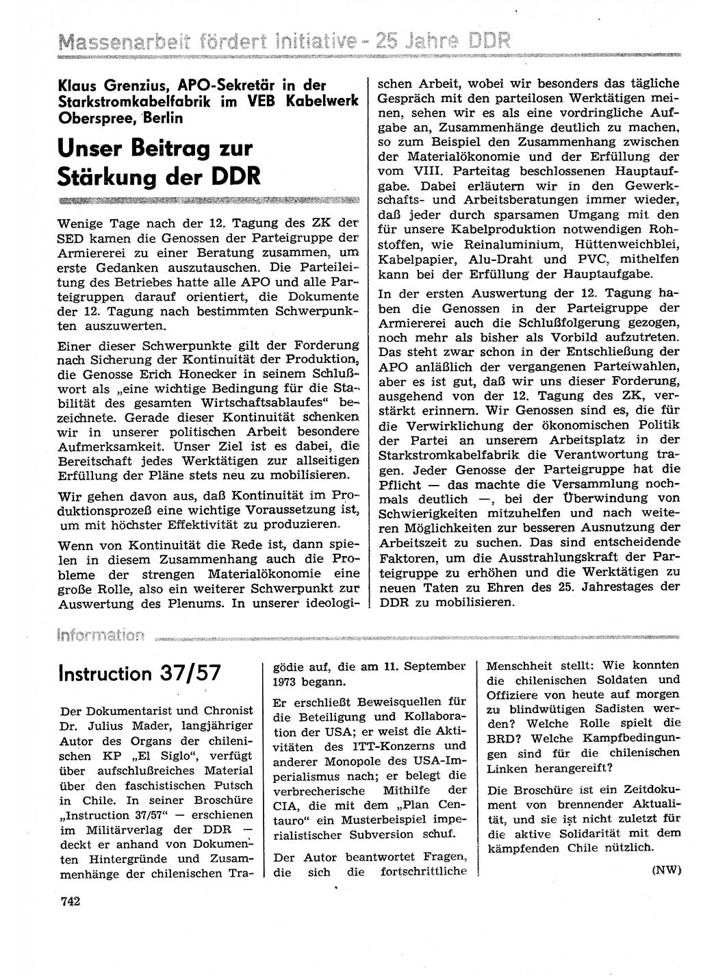 Neuer Weg (NW), Organ des Zentralkomitees (ZK) der SED (Sozialistische Einheitspartei Deutschlands) für Fragen des Parteilebens, 29. Jahrgang [Deutsche Demokratische Republik (DDR)] 1974, Seite 742 (NW ZK SED DDR 1974, S. 742)