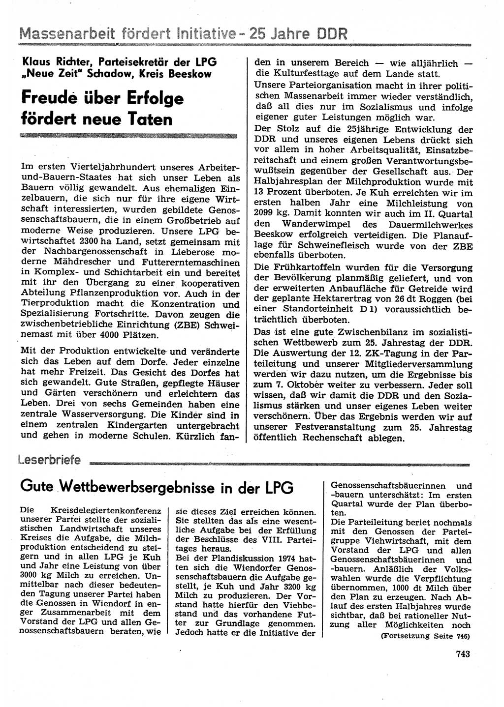 Neuer Weg (NW), Organ des Zentralkomitees (ZK) der SED (Sozialistische Einheitspartei Deutschlands) für Fragen des Parteilebens, 29. Jahrgang [Deutsche Demokratische Republik (DDR)] 1974, Seite 743 (NW ZK SED DDR 1974, S. 743)
