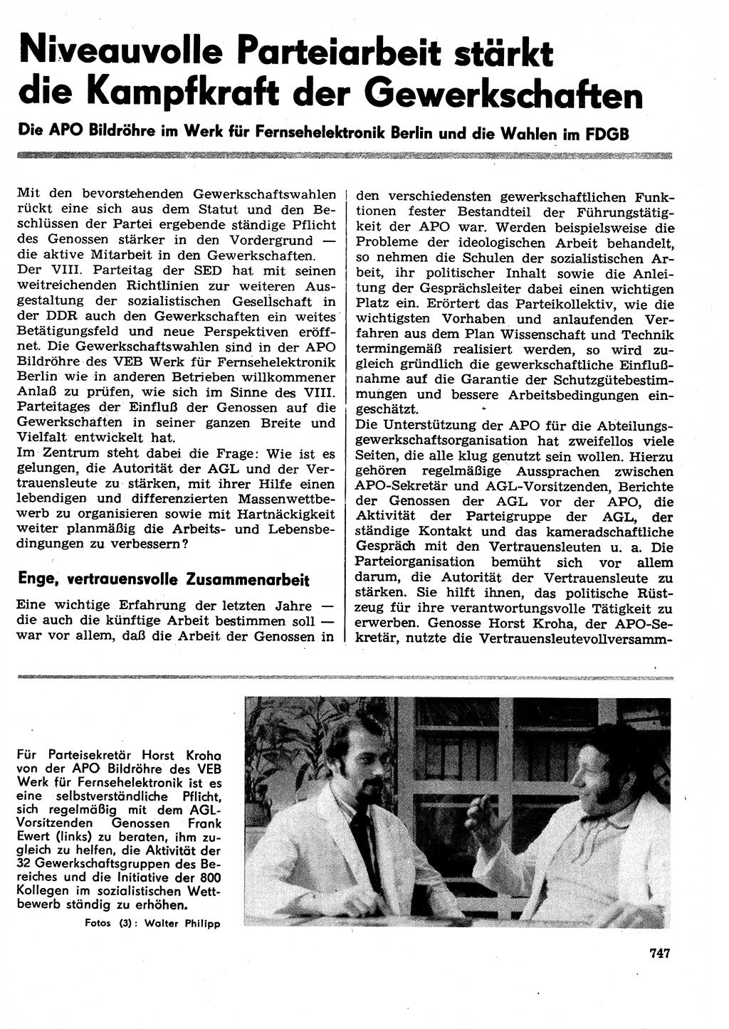 Neuer Weg (NW), Organ des Zentralkomitees (ZK) der SED (Sozialistische Einheitspartei Deutschlands) für Fragen des Parteilebens, 29. Jahrgang [Deutsche Demokratische Republik (DDR)] 1974, Seite 747 (NW ZK SED DDR 1974, S. 747)