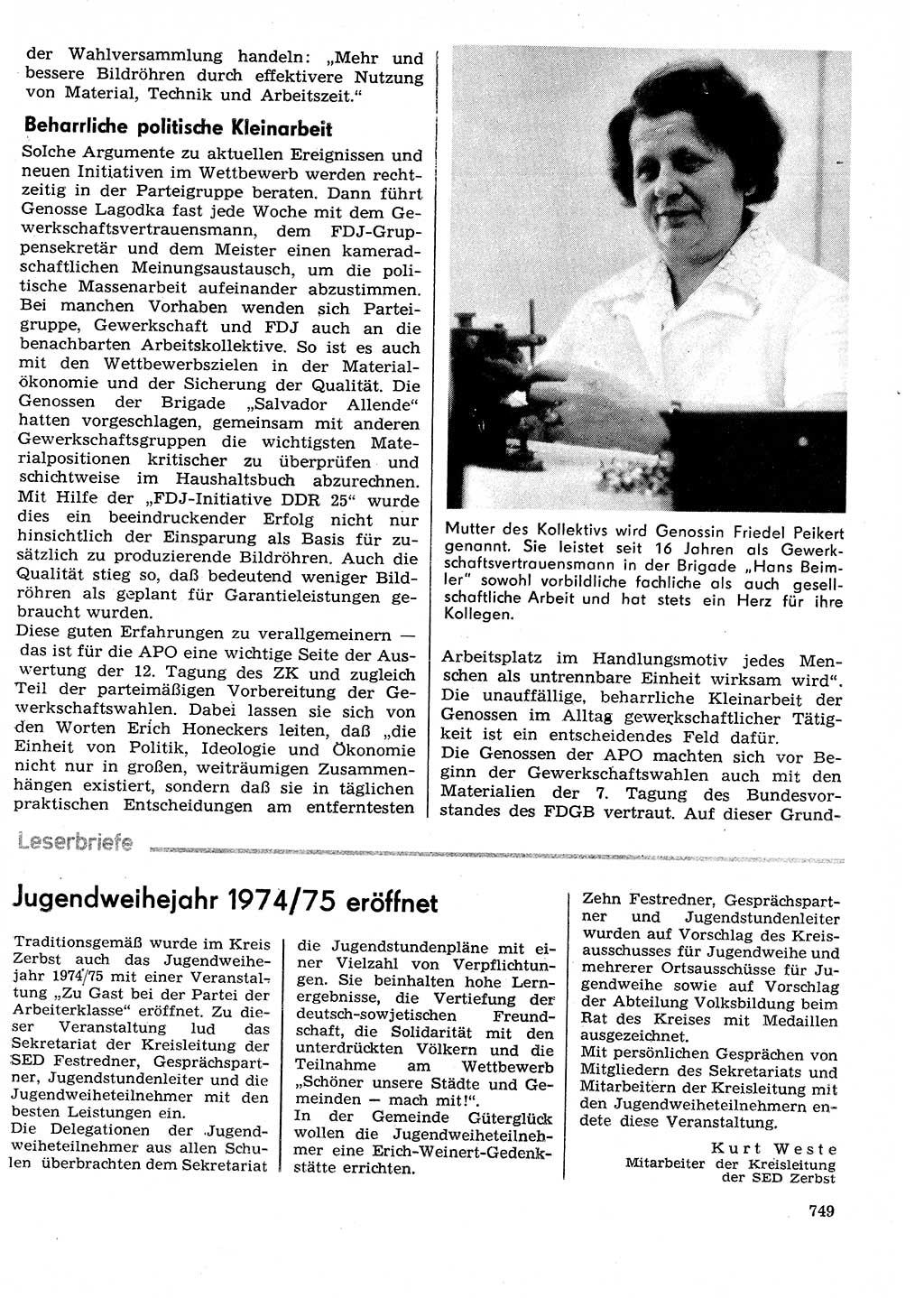 Neuer Weg (NW), Organ des Zentralkomitees (ZK) der SED (Sozialistische Einheitspartei Deutschlands) für Fragen des Parteilebens, 29. Jahrgang [Deutsche Demokratische Republik (DDR)] 1974, Seite 749 (NW ZK SED DDR 1974, S. 749)