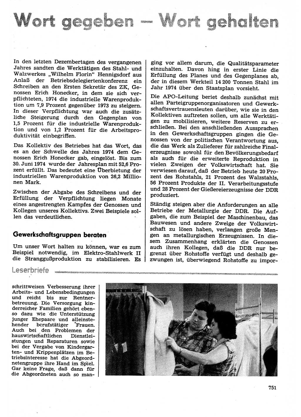 Neuer Weg (NW), Organ des Zentralkomitees (ZK) der SED (Sozialistische Einheitspartei Deutschlands) für Fragen des Parteilebens, 29. Jahrgang [Deutsche Demokratische Republik (DDR)] 1974, Seite 751 (NW ZK SED DDR 1974, S. 751)