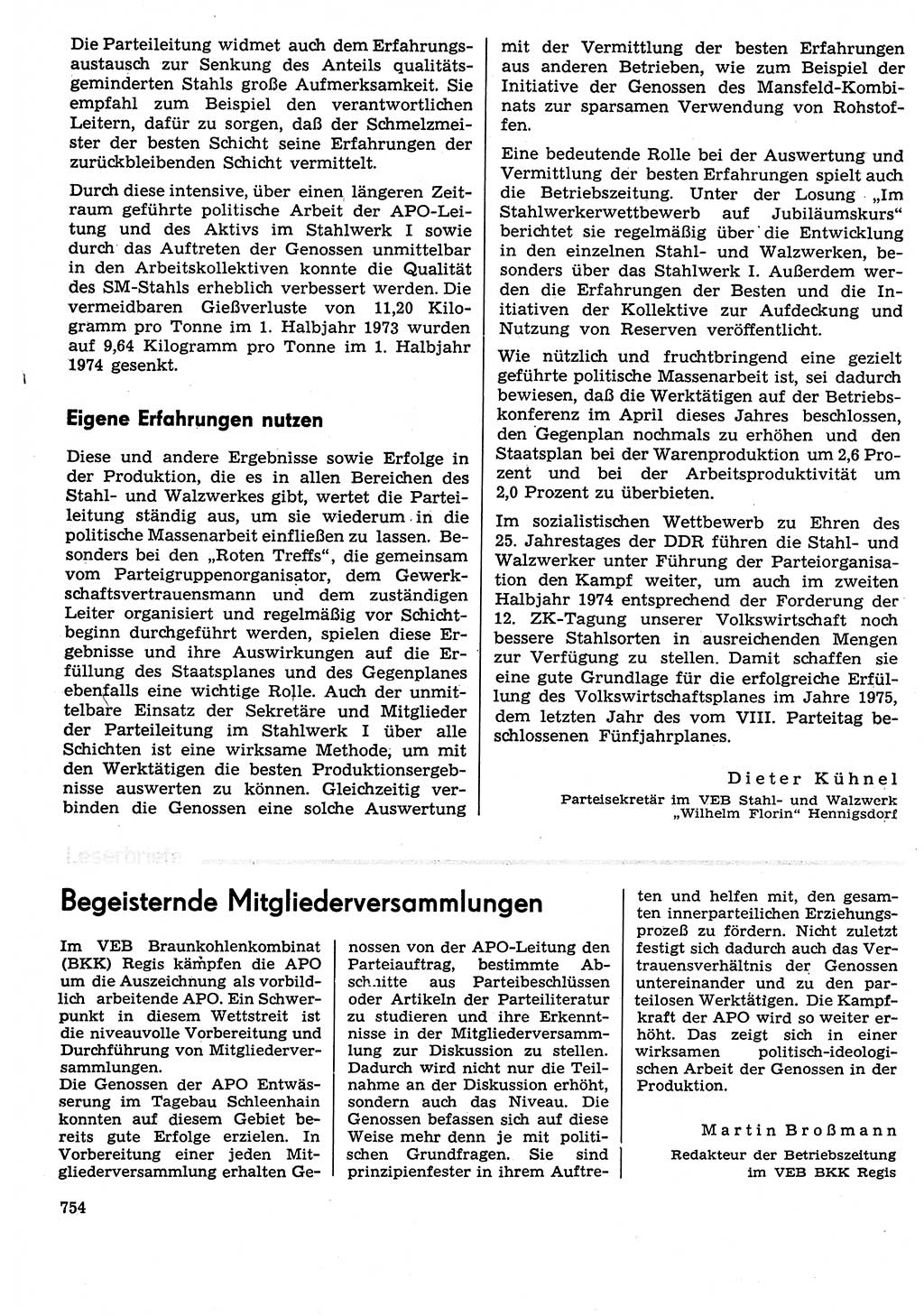 Neuer Weg (NW), Organ des Zentralkomitees (ZK) der SED (Sozialistische Einheitspartei Deutschlands) für Fragen des Parteilebens, 29. Jahrgang [Deutsche Demokratische Republik (DDR)] 1974, Seite 754 (NW ZK SED DDR 1974, S. 754)