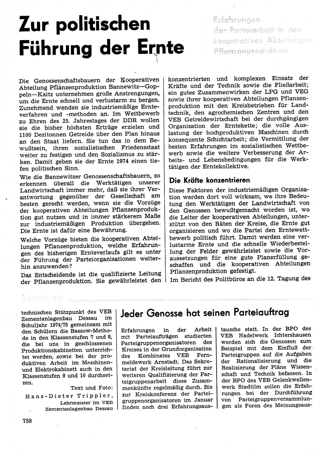 Neuer Weg (NW), Organ des Zentralkomitees (ZK) der SED (Sozialistische Einheitspartei Deutschlands) für Fragen des Parteilebens, 29. Jahrgang [Deutsche Demokratische Republik (DDR)] 1974, Seite 758 (NW ZK SED DDR 1974, S. 758)