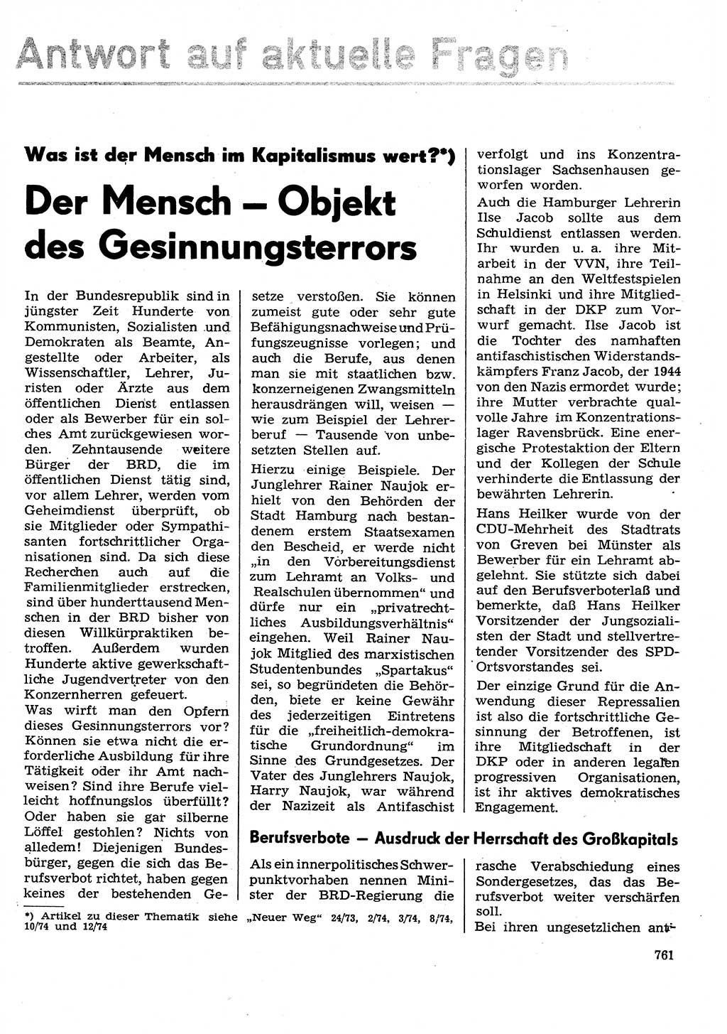 Neuer Weg (NW), Organ des Zentralkomitees (ZK) der SED (Sozialistische Einheitspartei Deutschlands) für Fragen des Parteilebens, 29. Jahrgang [Deutsche Demokratische Republik (DDR)] 1974, Seite 761 (NW ZK SED DDR 1974, S. 761)