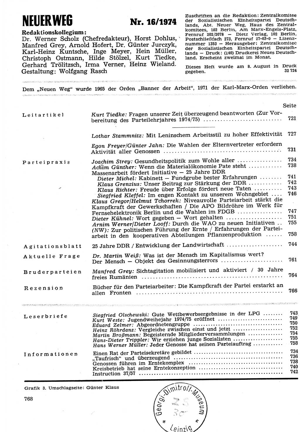 Neuer Weg (NW), Organ des Zentralkomitees (ZK) der SED (Sozialistische Einheitspartei Deutschlands) für Fragen des Parteilebens, 29. Jahrgang [Deutsche Demokratische Republik (DDR)] 1974, Seite 768 (NW ZK SED DDR 1974, S. 768)