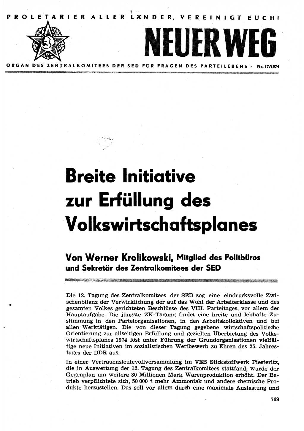 Neuer Weg (NW), Organ des Zentralkomitees (ZK) der SED (Sozialistische Einheitspartei Deutschlands) für Fragen des Parteilebens, 29. Jahrgang [Deutsche Demokratische Republik (DDR)] 1974, Seite 769 (NW ZK SED DDR 1974, S. 769)