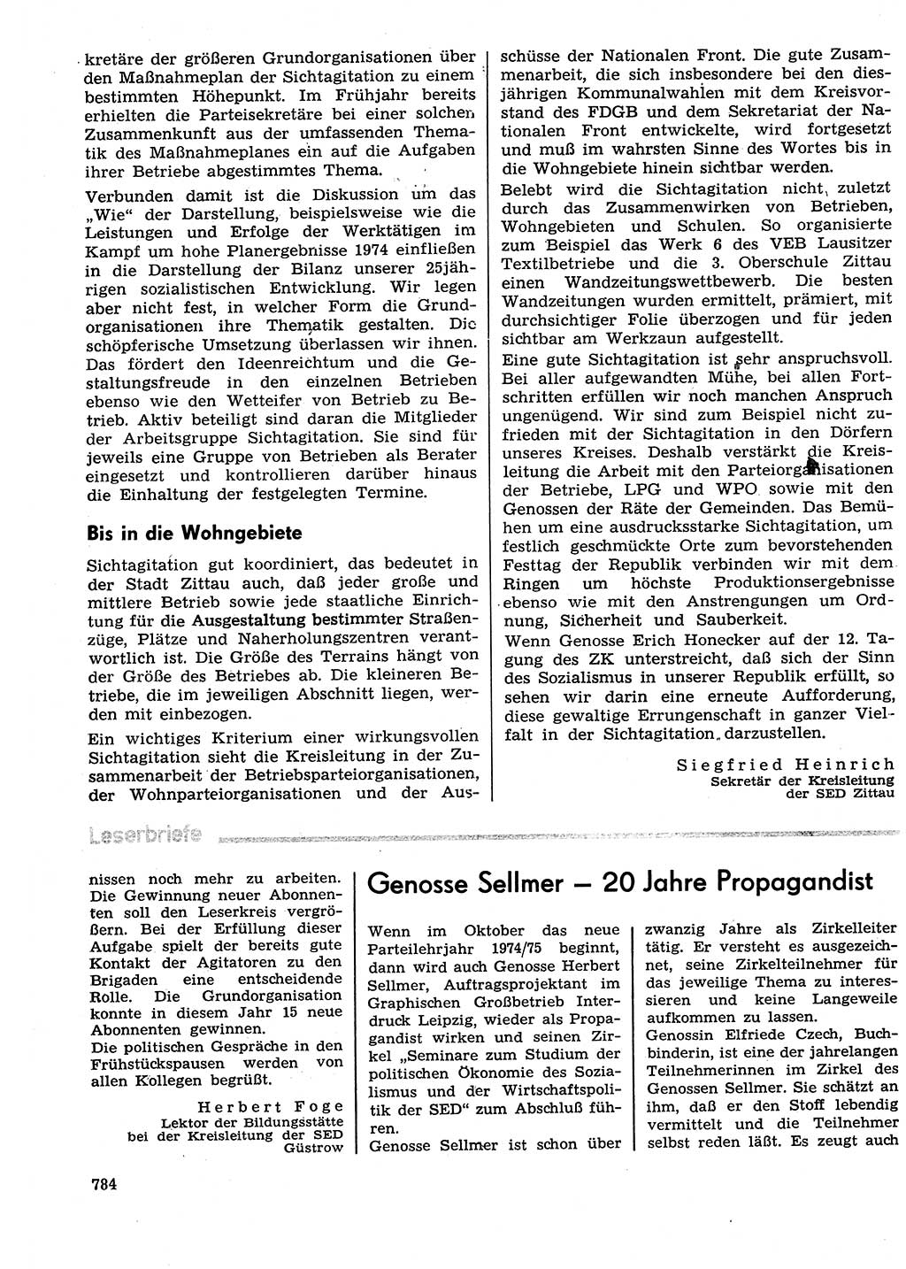 Neuer Weg (NW), Organ des Zentralkomitees (ZK) der SED (Sozialistische Einheitspartei Deutschlands) für Fragen des Parteilebens, 29. Jahrgang [Deutsche Demokratische Republik (DDR)] 1974, Seite 784 (NW ZK SED DDR 1974, S. 784)