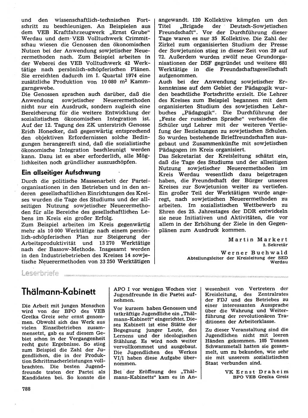 Neuer Weg (NW), Organ des Zentralkomitees (ZK) der SED (Sozialistische Einheitspartei Deutschlands) für Fragen des Parteilebens, 29. Jahrgang [Deutsche Demokratische Republik (DDR)] 1974, Seite 788 (NW ZK SED DDR 1974, S. 788)