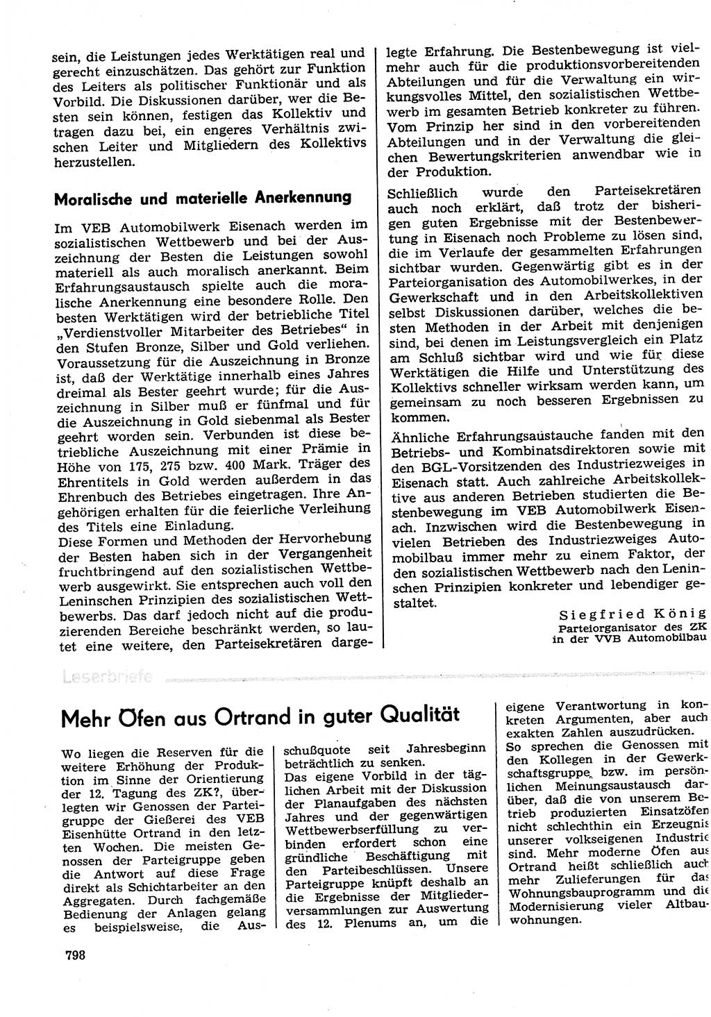 Neuer Weg (NW), Organ des Zentralkomitees (ZK) der SED (Sozialistische Einheitspartei Deutschlands) für Fragen des Parteilebens, 29. Jahrgang [Deutsche Demokratische Republik (DDR)] 1974, Seite 798 (NW ZK SED DDR 1974, S. 798)