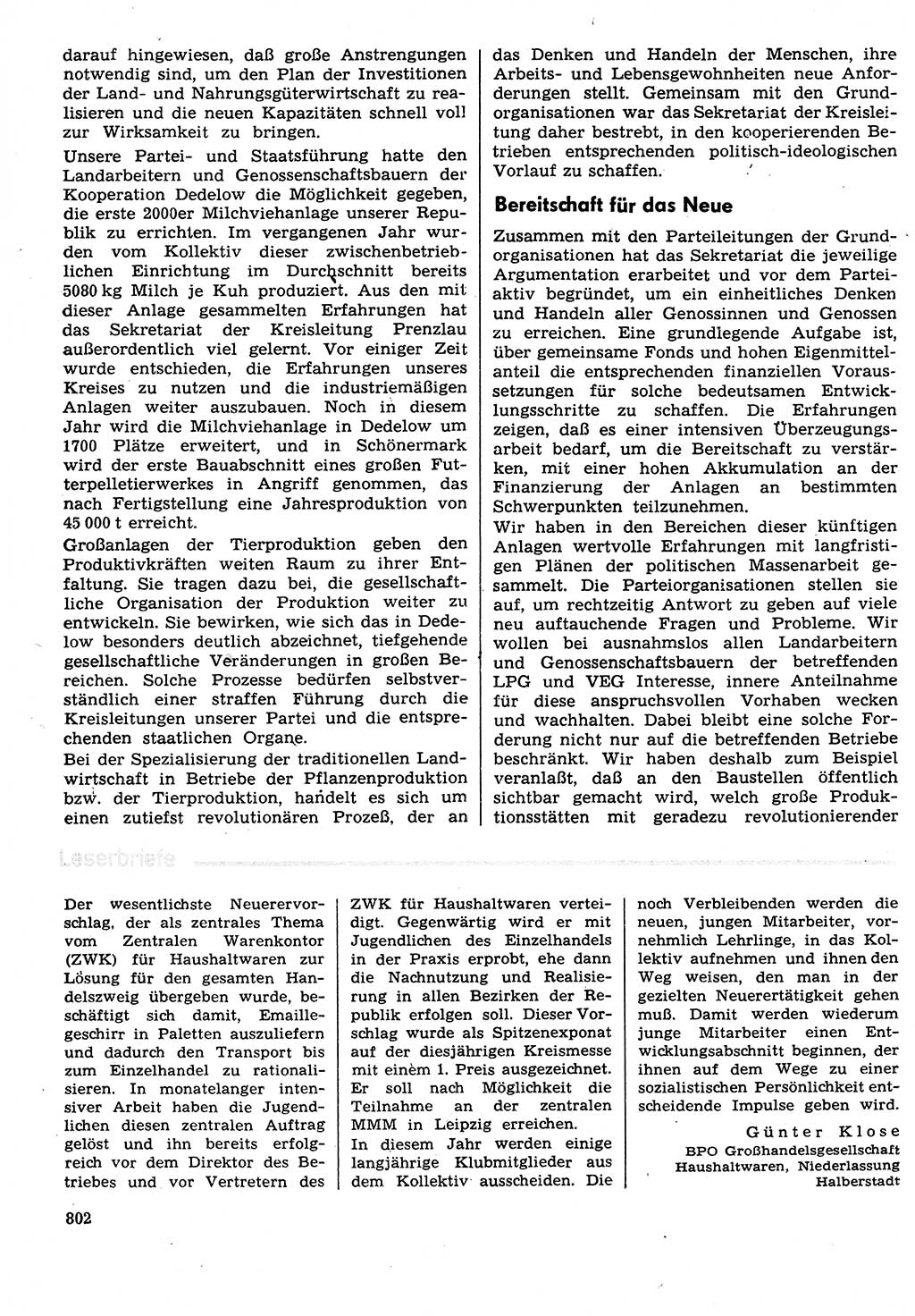 Neuer Weg (NW), Organ des Zentralkomitees (ZK) der SED (Sozialistische Einheitspartei Deutschlands) für Fragen des Parteilebens, 29. Jahrgang [Deutsche Demokratische Republik (DDR)] 1974, Seite 802 (NW ZK SED DDR 1974, S. 802)