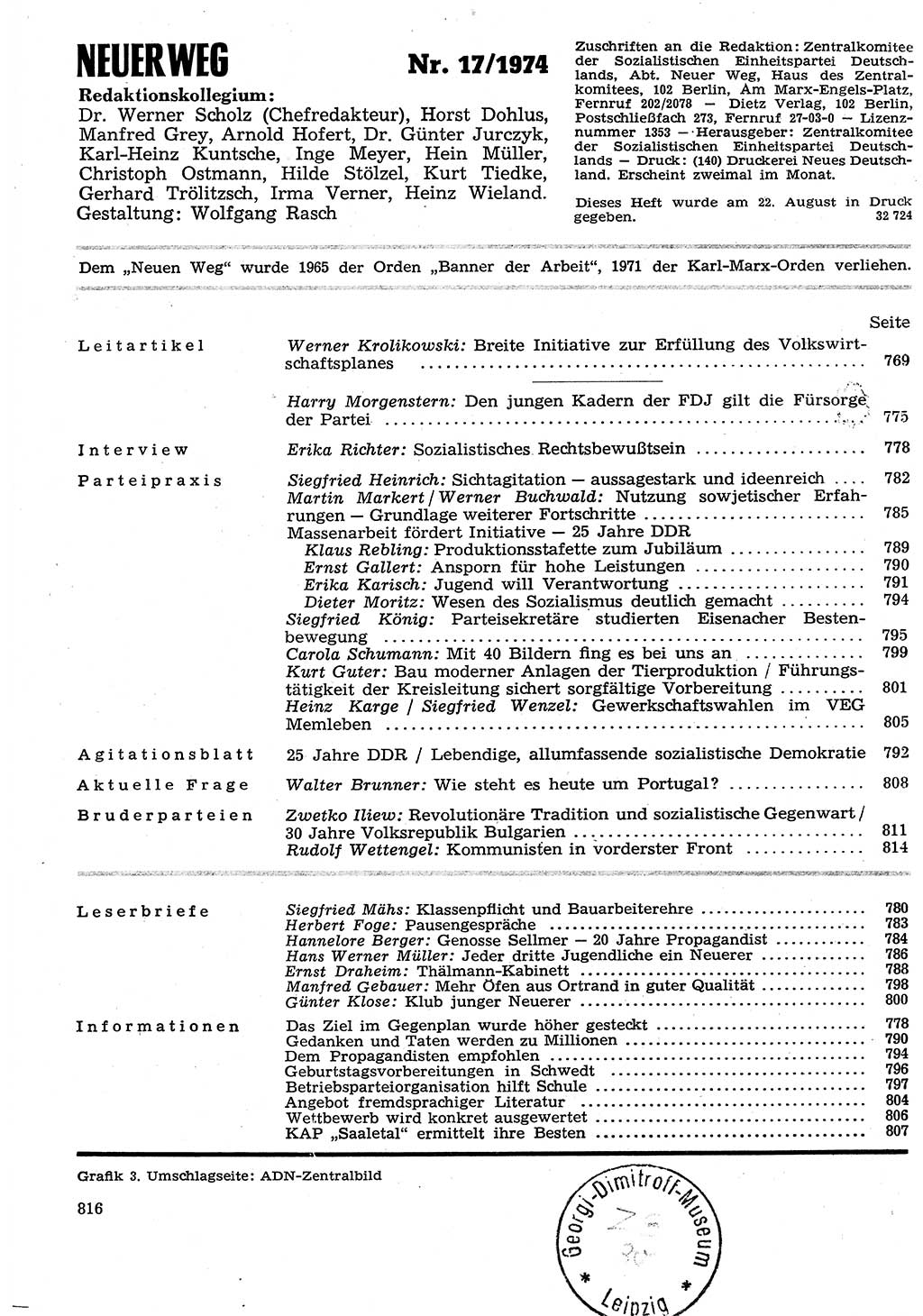 Neuer Weg (NW), Organ des Zentralkomitees (ZK) der SED (Sozialistische Einheitspartei Deutschlands) für Fragen des Parteilebens, 29. Jahrgang [Deutsche Demokratische Republik (DDR)] 1974, Seite 816 (NW ZK SED DDR 1974, S. 816)