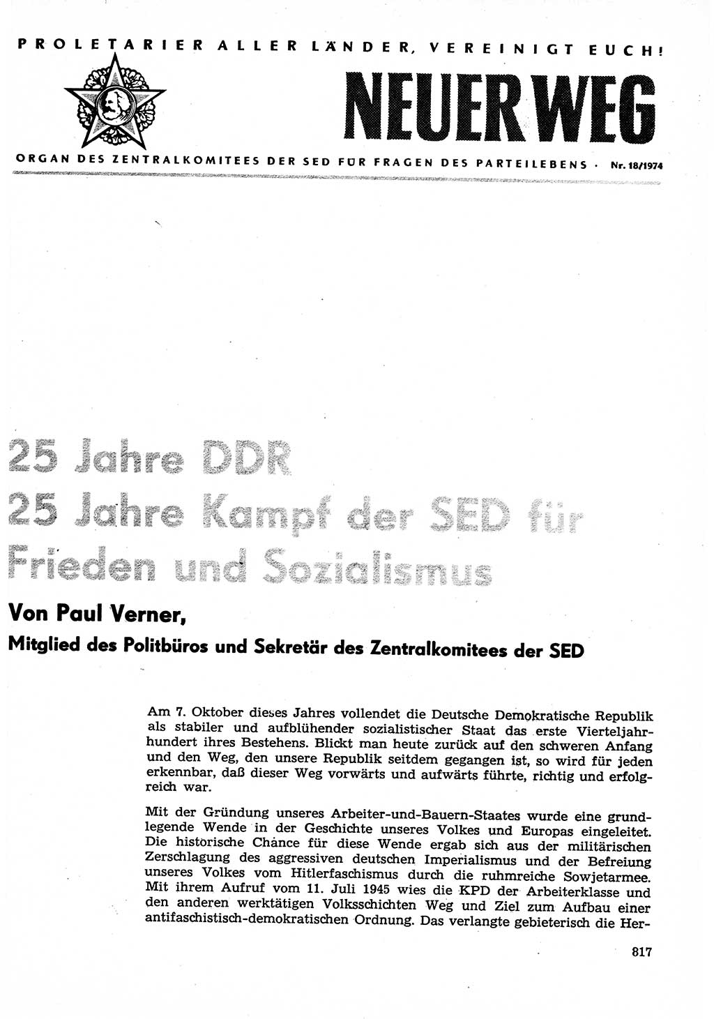 Neuer Weg (NW), Organ des Zentralkomitees (ZK) der SED (Sozialistische Einheitspartei Deutschlands) für Fragen des Parteilebens, 29. Jahrgang [Deutsche Demokratische Republik (DDR)] 1974, Seite 817 (NW ZK SED DDR 1974, S. 817)