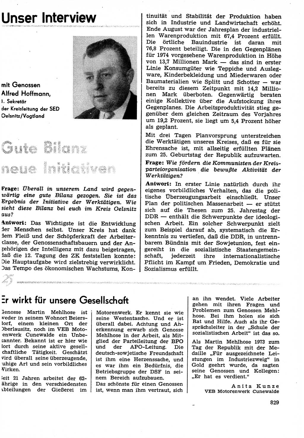 Neuer Weg (NW), Organ des Zentralkomitees (ZK) der SED (Sozialistische Einheitspartei Deutschlands) für Fragen des Parteilebens, 29. Jahrgang [Deutsche Demokratische Republik (DDR)] 1974, Seite 829 (NW ZK SED DDR 1974, S. 829)