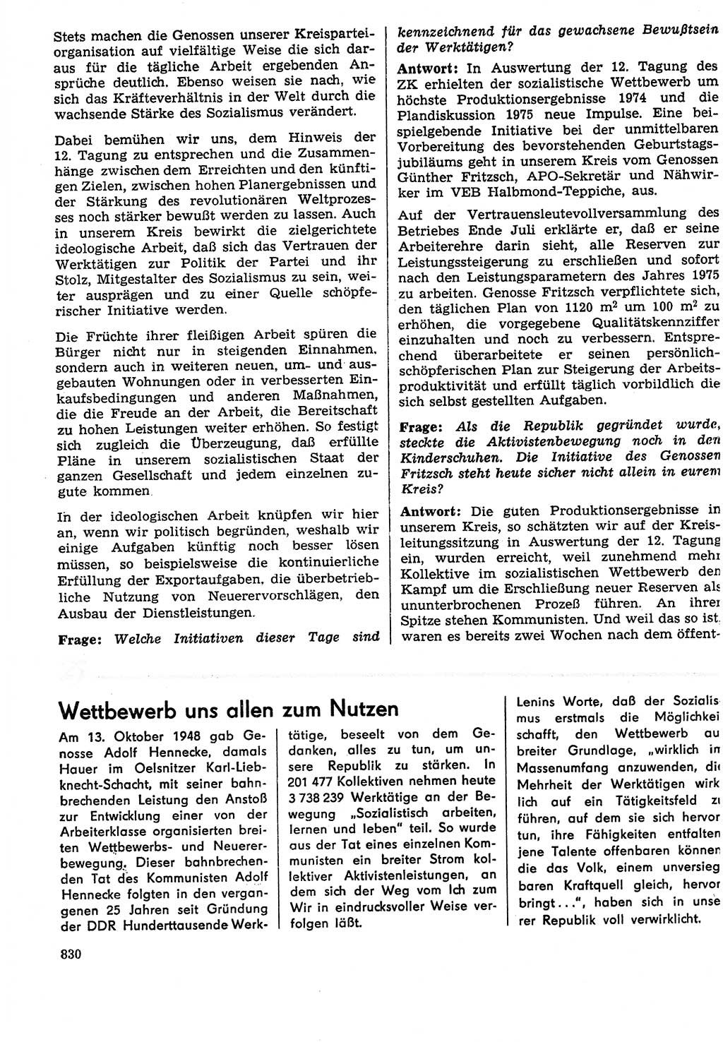 Neuer Weg (NW), Organ des Zentralkomitees (ZK) der SED (Sozialistische Einheitspartei Deutschlands) für Fragen des Parteilebens, 29. Jahrgang [Deutsche Demokratische Republik (DDR)] 1974, Seite 830 (NW ZK SED DDR 1974, S. 830)