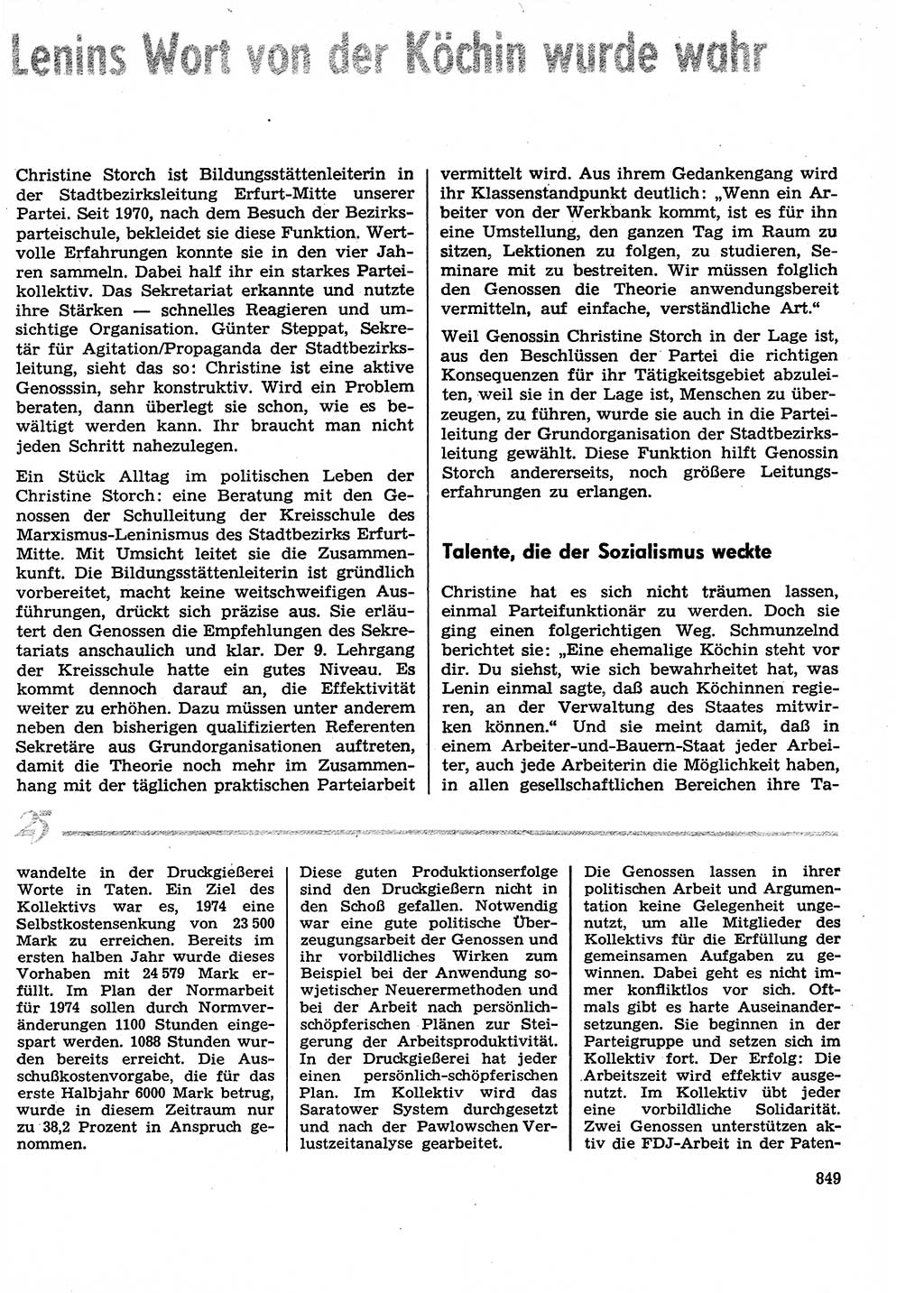 Neuer Weg (NW), Organ des Zentralkomitees (ZK) der SED (Sozialistische Einheitspartei Deutschlands) für Fragen des Parteilebens, 29. Jahrgang [Deutsche Demokratische Republik (DDR)] 1974, Seite 849 (NW ZK SED DDR 1974, S. 849)