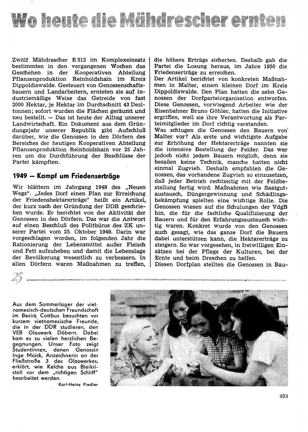 Neuer Weg (NW), Organ des Zentralkomitees (ZK) der SED (Sozialistische Einheitspartei Deutschlands) für Fragen des Parteilebens, 29. Jahrgang [Deutsche Demokratische Republik (DDR)] 1974, Seite 853 (NW ZK SED DDR 1974, S. 853)