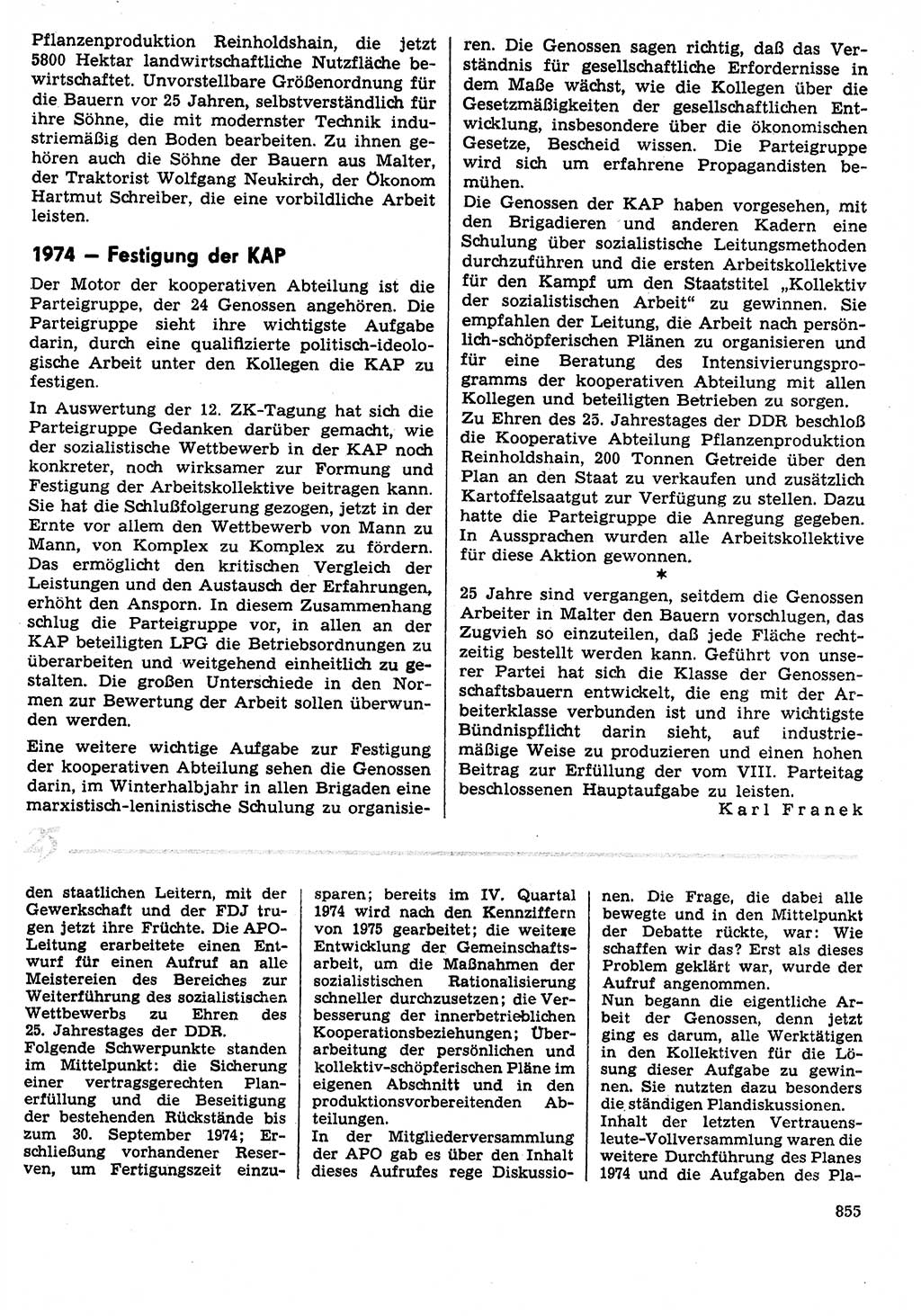 Neuer Weg (NW), Organ des Zentralkomitees (ZK) der SED (Sozialistische Einheitspartei Deutschlands) für Fragen des Parteilebens, 29. Jahrgang [Deutsche Demokratische Republik (DDR)] 1974, Seite 855 (NW ZK SED DDR 1974, S. 855)